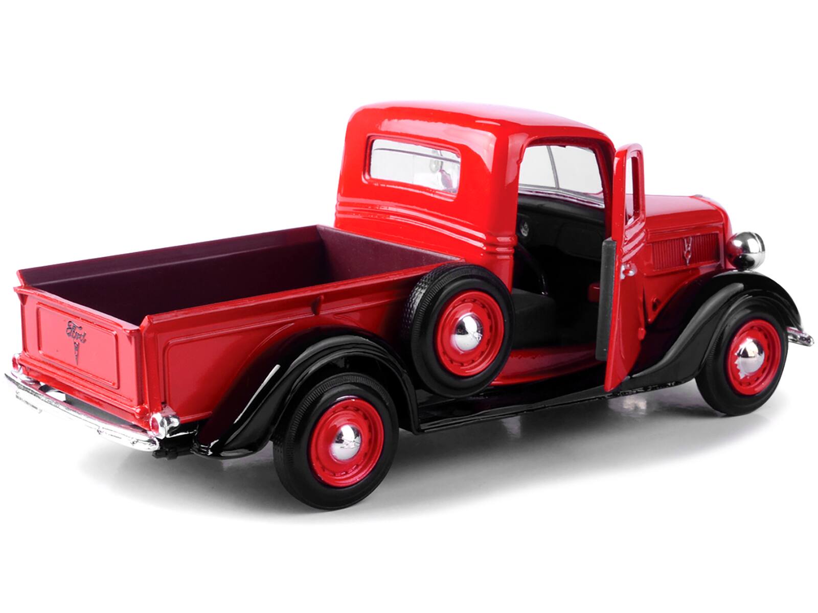 Left. Motormax - 1937 Ford Pickup Truck Red and Black 1/24 Diecast Model Car by Motormax - Red and Black.