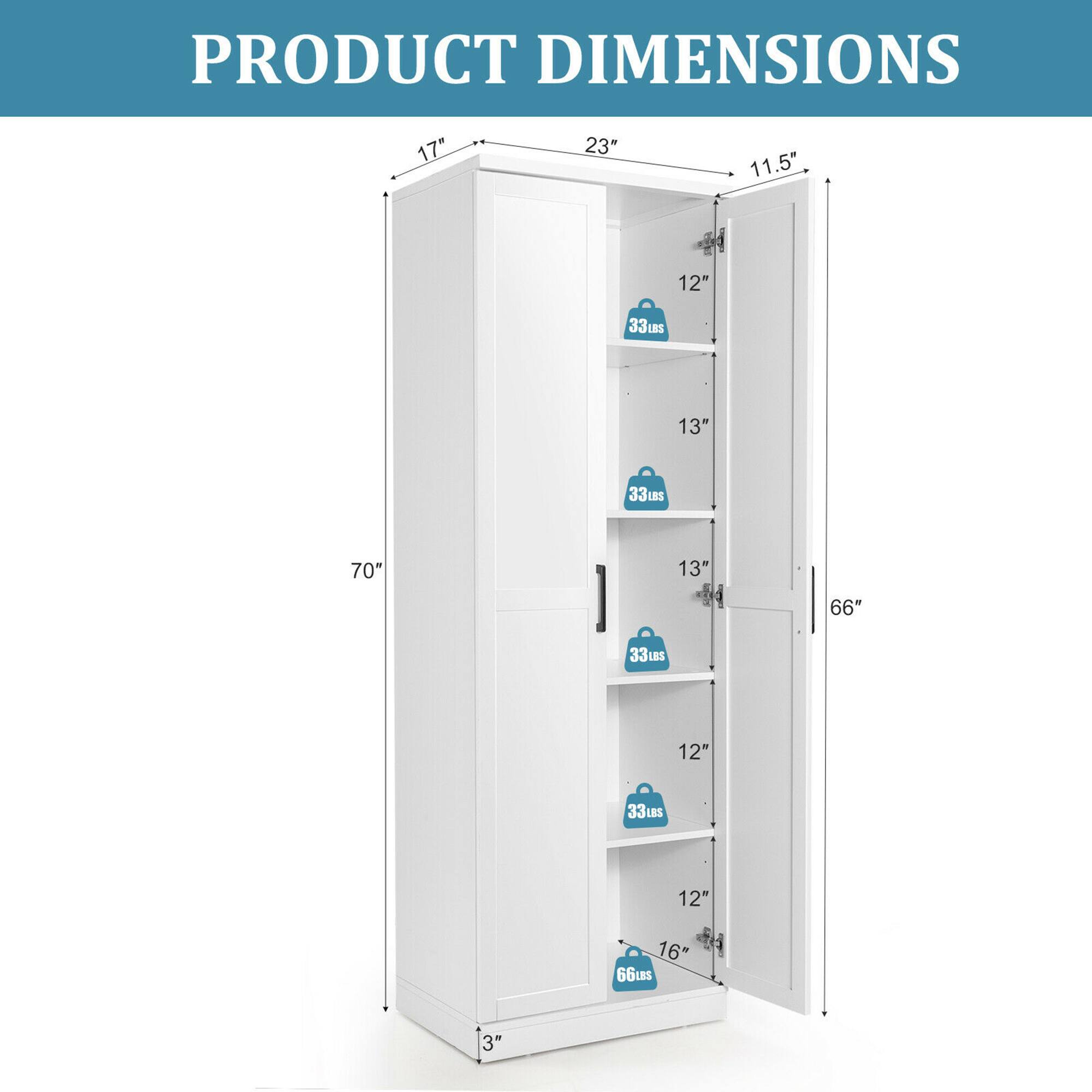 PRODUCT DIMENSIONS

- Height: 70"
- Width: 23"
- Depth: 11.5"
- Shelf Dimensions:
  - Top Shelf: 17" x 12"
  - Second Shelf: 13" x 12"
  - Third Shelf: 13" x 12"
  - Fourth Shelf: 12" x 12"
  - Bottom Shelf: 16" x 12"
- Weight Capacity: 33 lbs (for top three shelves), 66 lbs (for bottom shelf)
- Overall Depth: 66"
- Base Height: 3"
