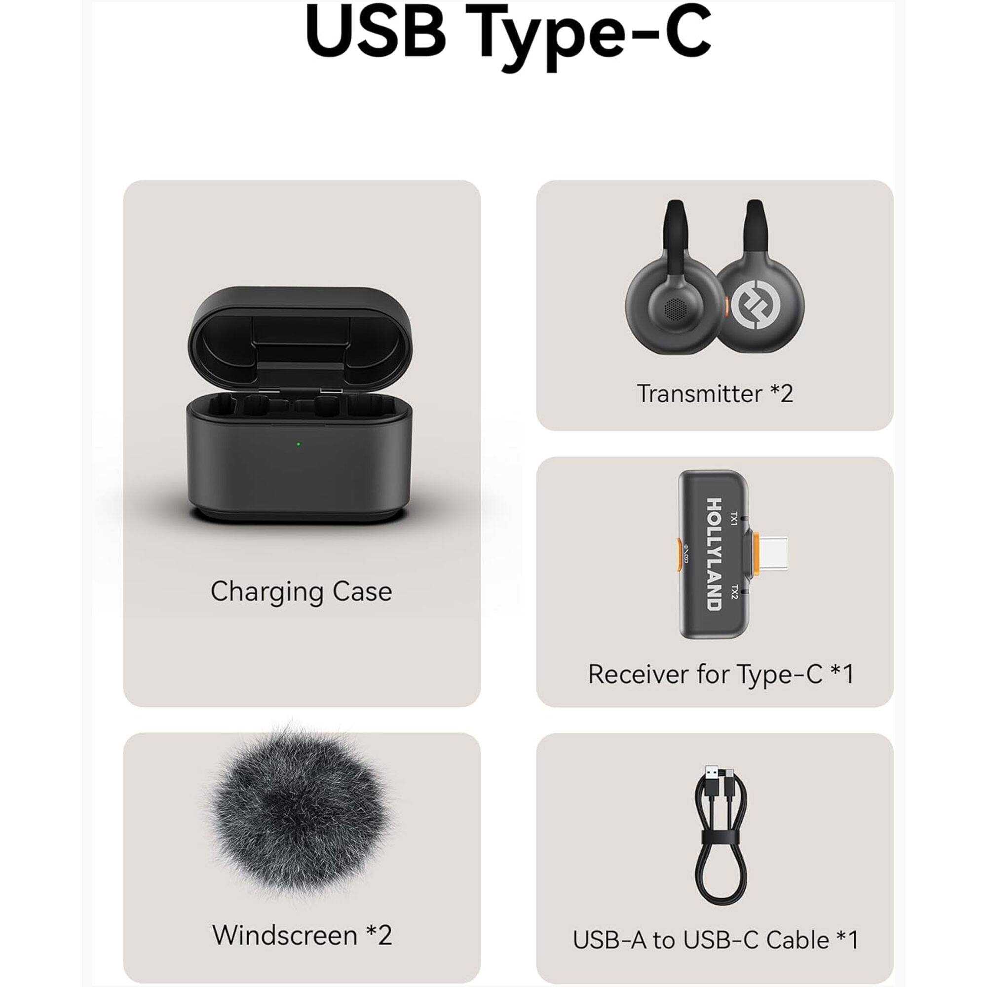 USB Type-C

- Charging Case
- Transmitter *2
- Receiver for Type-C *1
- Windsreen *2
- USB-A to USB-C Cable *1