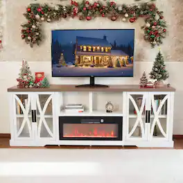Parrot Uncle - 93" Farmhouse White Electric Fireplace TV Stand Entertainment Center with Storage Shelves and Cabinets for TV up to 85" - White and Gray