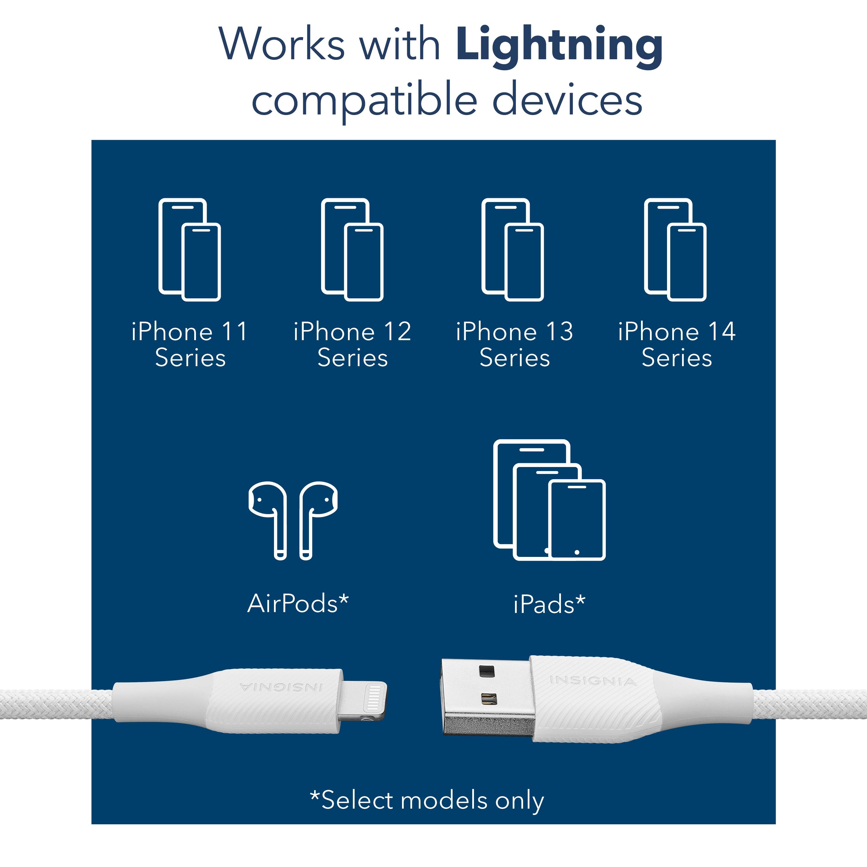 Works with Lightning compatible devices: iPhone 11 Series, iPhone 12 Series, iPhone 13 Series, iPhone 14 Series, AirPods, iPads. *Select models only.