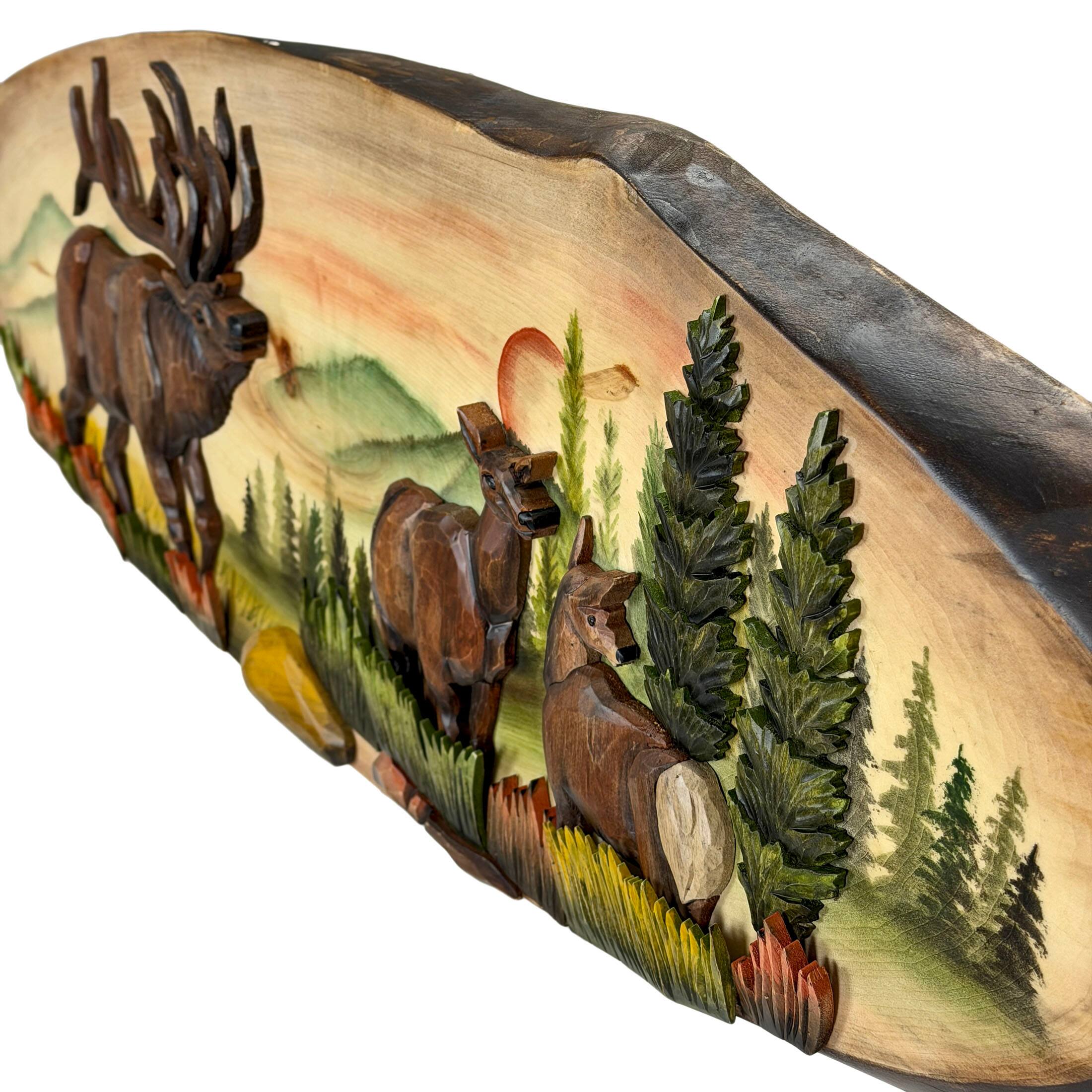 Alt View 2. Zeckos - Elk Family Intarsia Wood Oval Wall Sculpture 13x40 Rustic Cabin Decor - Brown.