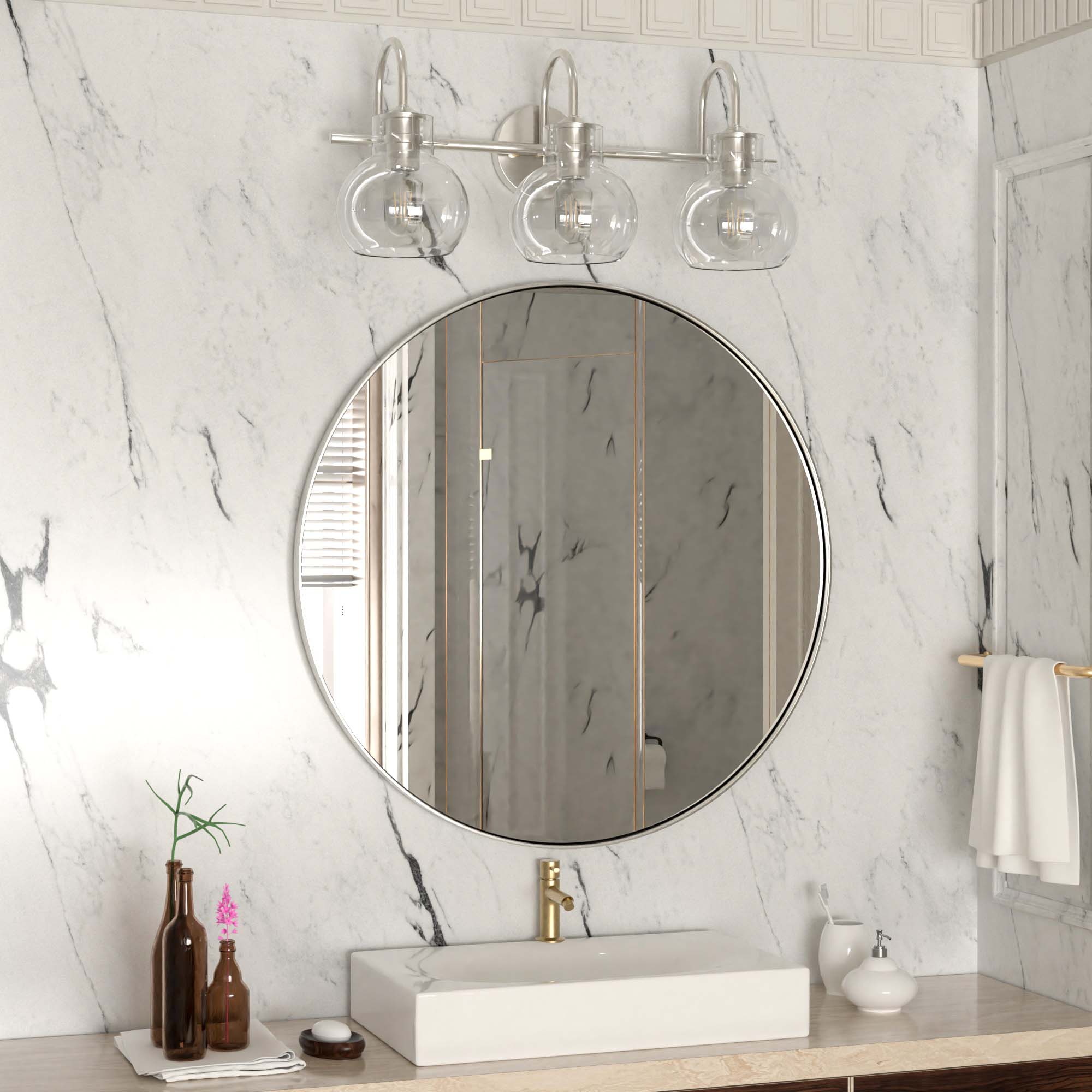 Left. PAIHOME - Bathroom Vanity Light 21" Modern 3-Light Bathroom Light Fixtures over Mirror with Clear Glass Shade E26 Base Wall Sconce - Silver.
