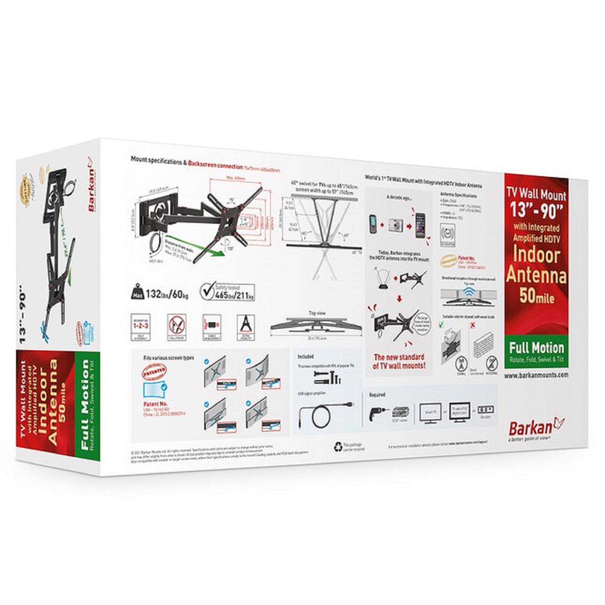 13"-90" Mount Rates HOTV TV Watt WITE intes Amplifier Hi Amp Indoor Antenna 50mile rkan Ba Motion Swet ArpO Full Rotate Mount specifications & Backscreen connection Max 132ims/60kg 465m/211 1-2-3 Eas Enovarious serwan byows VATERTID Patent No INA 4 - Ty . 1F Pion Includel Worid's 1 TH Mour als intagrasd HOTV Ne I TV Wall Mount - 13"-90" 90" with Integrated Amplified HDTV the NOTV L Pats Indoor Antenna 50mile x Full Motion The new standard Rotate Fold Saivel & Ta of TV wall mounts! www.barkanmounts.com Rnpuid 110 Barkan