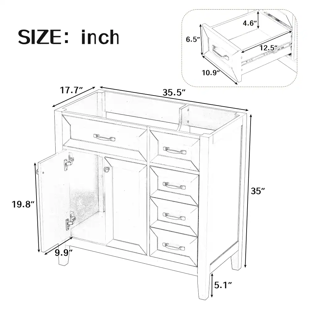SIZE: inch

6.5"  
4.6"  
12.5"  
10.9"  
17.7"  
35.5"  
19.8"  
35"  
9.9"  
5.1"