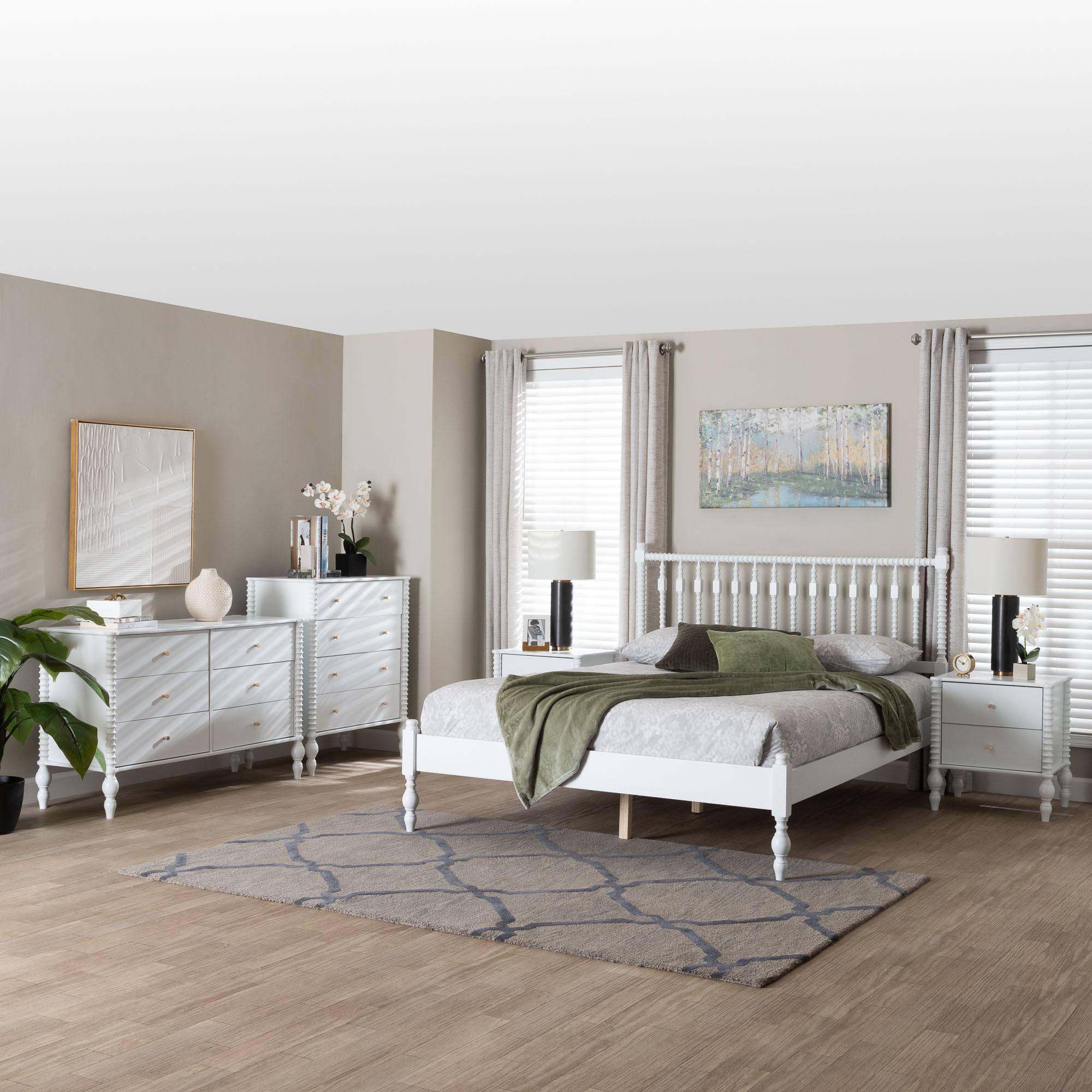 Alt View 8. Baxton Studio - Callison Spindle 5-Piece Bedroom Set - Platform Bed with Matching Dresser, Chest, and 2-Drawer Nightstands, Queen - White.