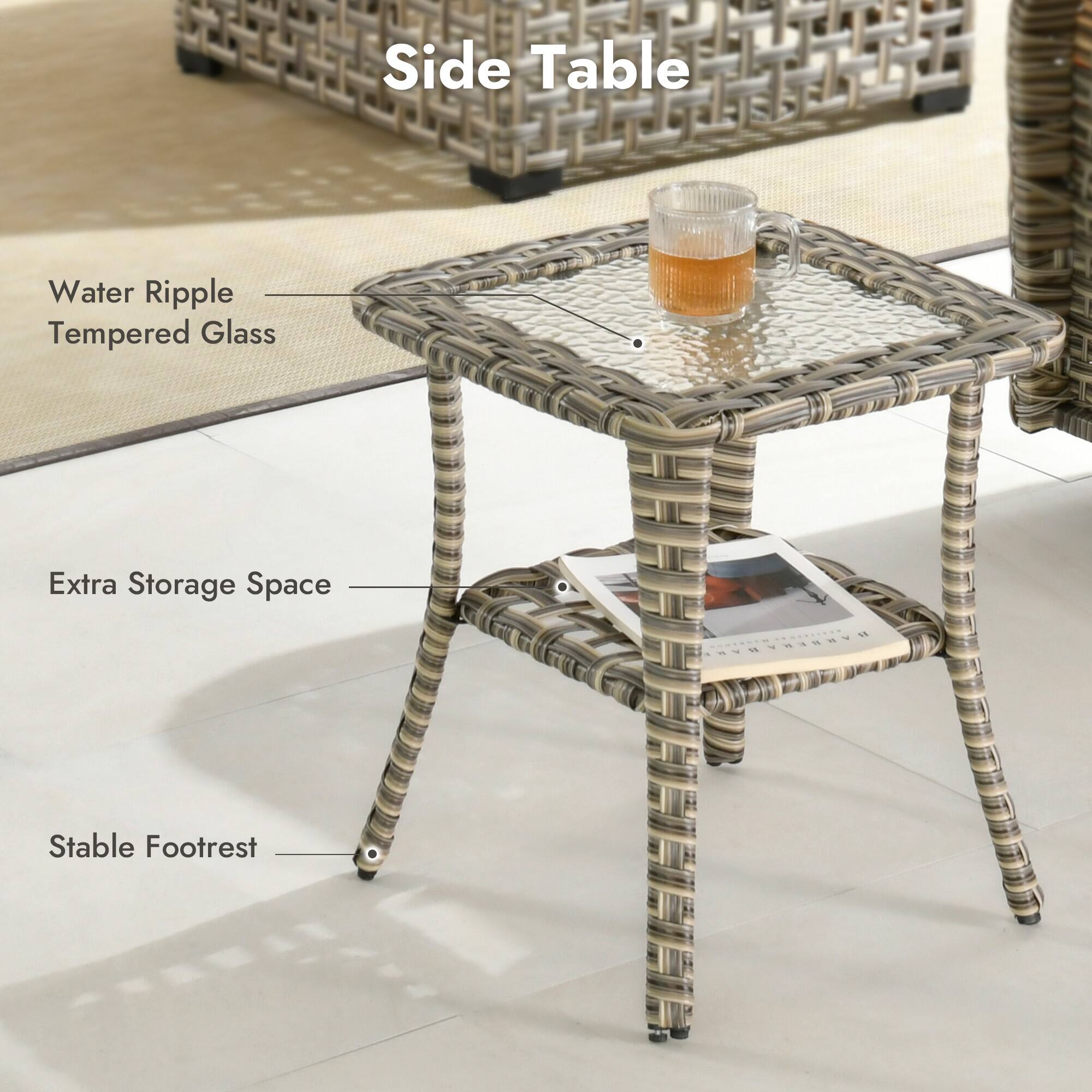 Side Table

- Water Ripple Tempered Glass
- Extra Storage Space
- Stable Footrest