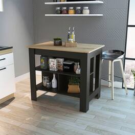 Loheer - Modern Kitchen Island with Three Concealed Shelves, Rectangular - Black/Light Oak