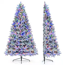 Costway - 7ft Flocked Half Christmas Tree with 860 Full Branch Tips, 240 LED Lights, 11 Modes Half-Style - White