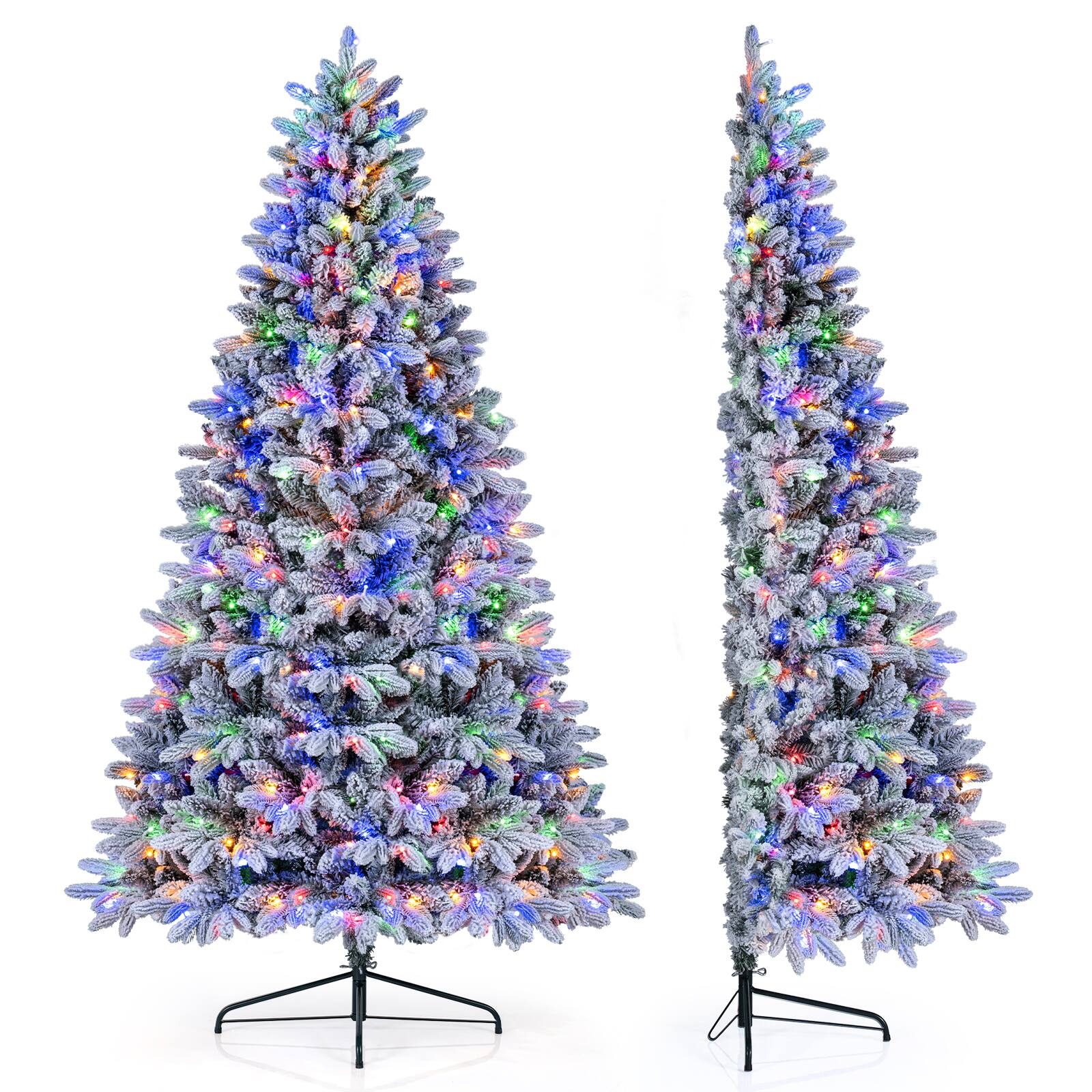 Front. Costway - Costway 7ft Flocked Half Christmas Tree with 860 Full Branch Tips, 240 LED Lights, 11 Modes Half-Style - White.