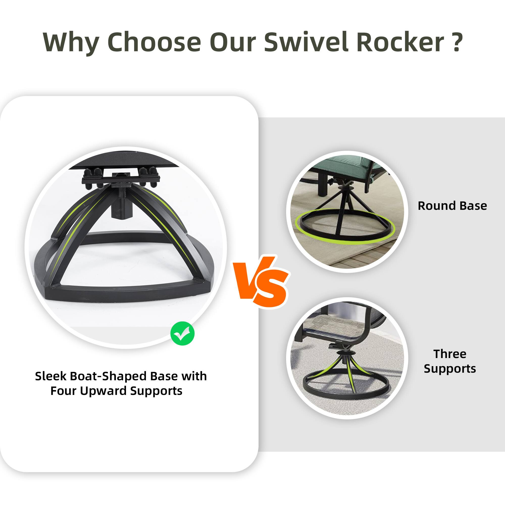 Why Choose Our Swivel Rocker? Round Base VS Sleek Boat-Shaped Base with Four Upward Supports Three Supports