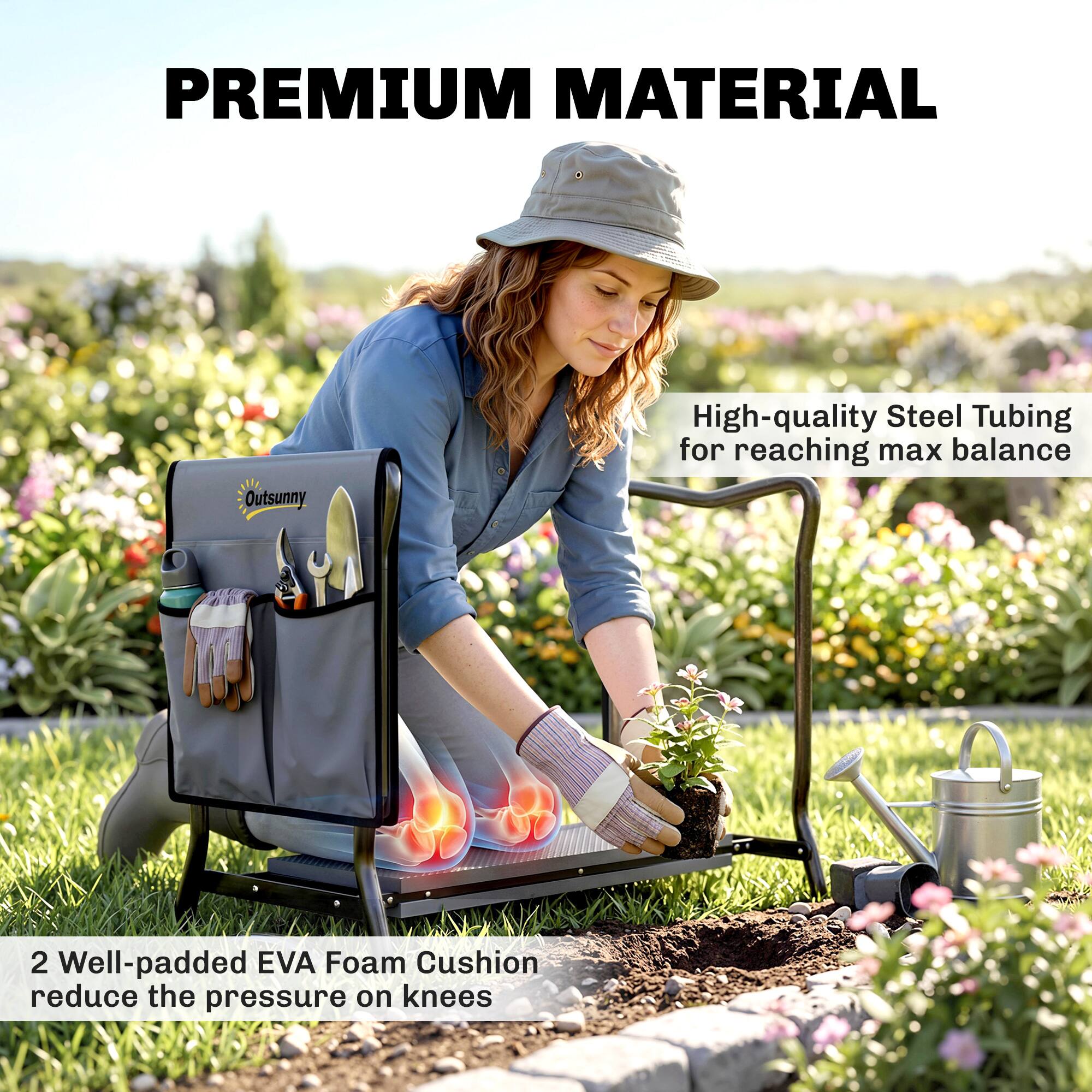 PREMIUM MATERIAL

Outsunny

High-quality Steel Tubing for reaching max balance

2 Well-padded EVA Foam Cushion reduce the pressure on knees
