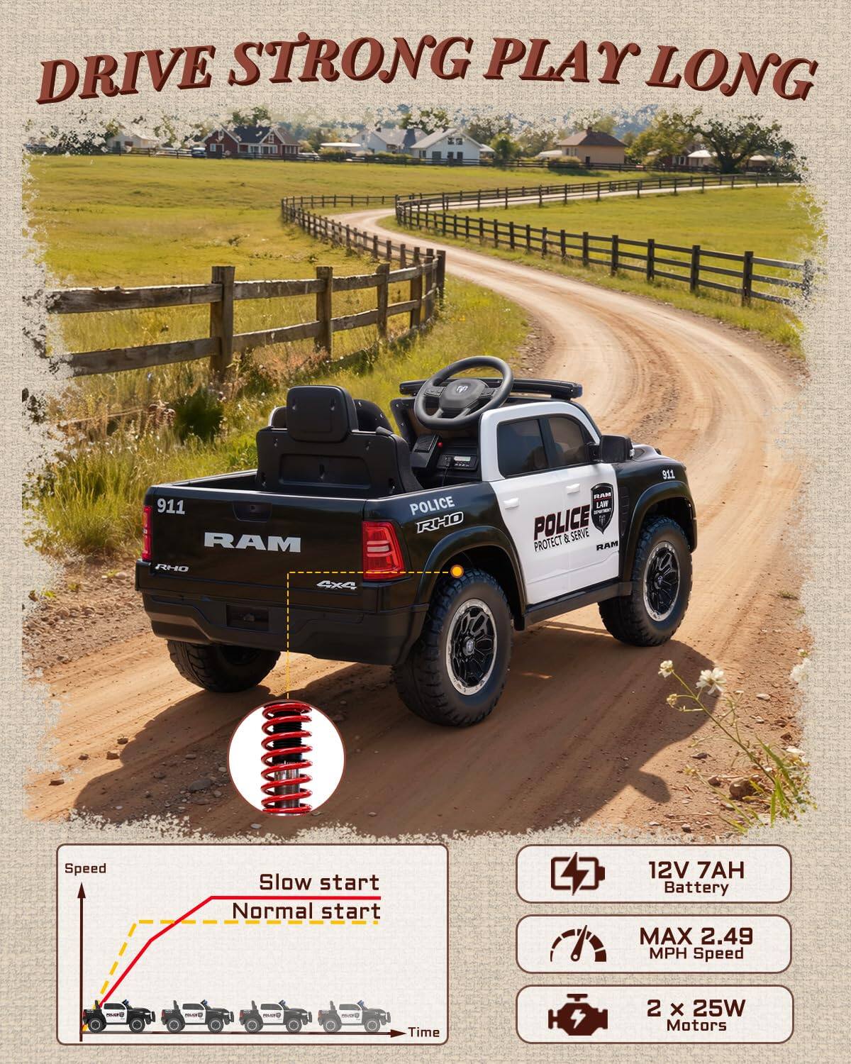 DRIVE STRONG PLAY LONG

911 RAM RHD 4x4 POLICE RHD

LAR POLICE & SERVE PROTECT RAM

11 Speed

Slow start Normal start

12V 7AH Battery

MAX 2.49 MPH Speed

2 x 25W Motors