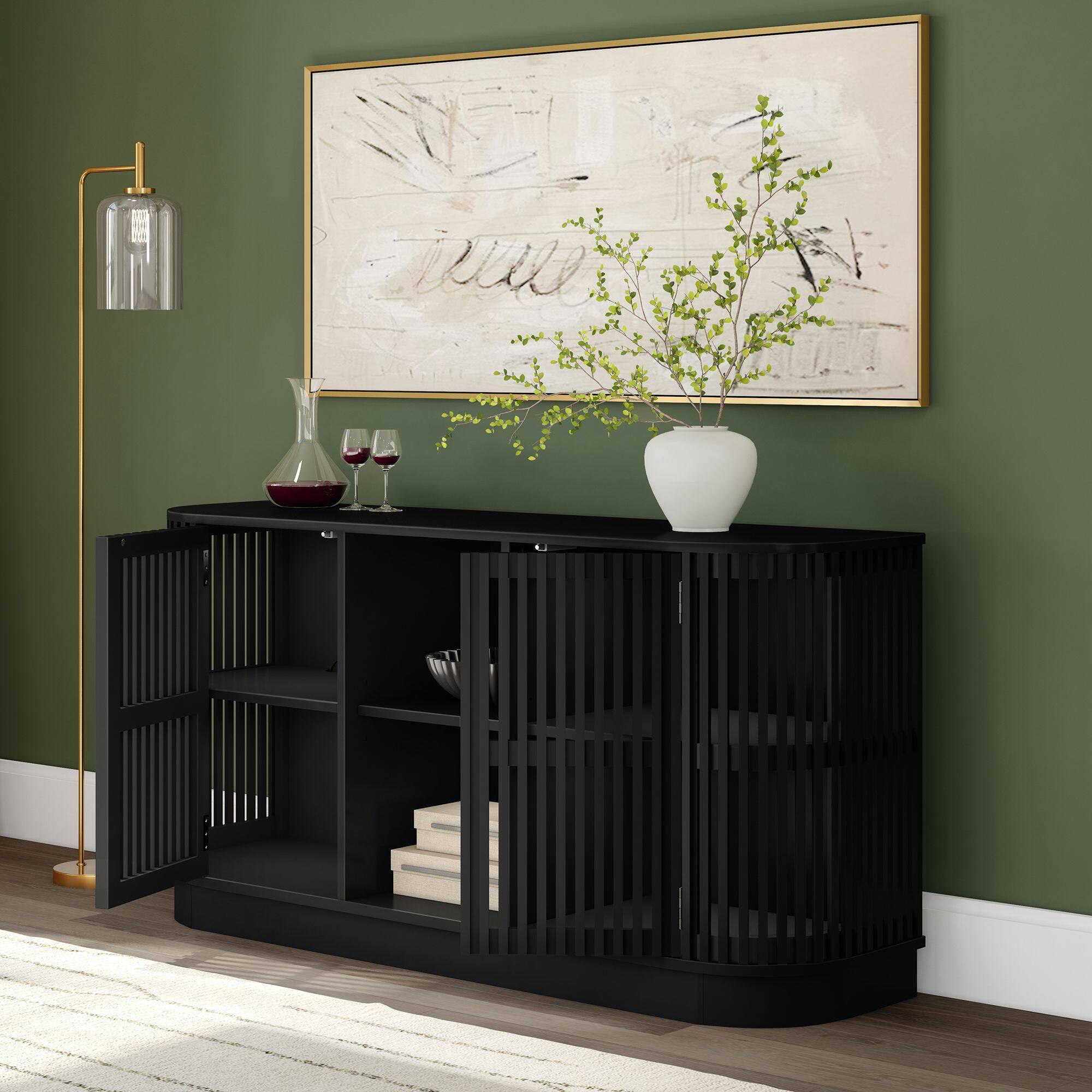 Alt View 4. Plank+Beam - Contour Sideboard, 2 Door w/ Middle Shelf (1495 x 406 x 762mm / 59 x 16 x 30in), Black - Black.
