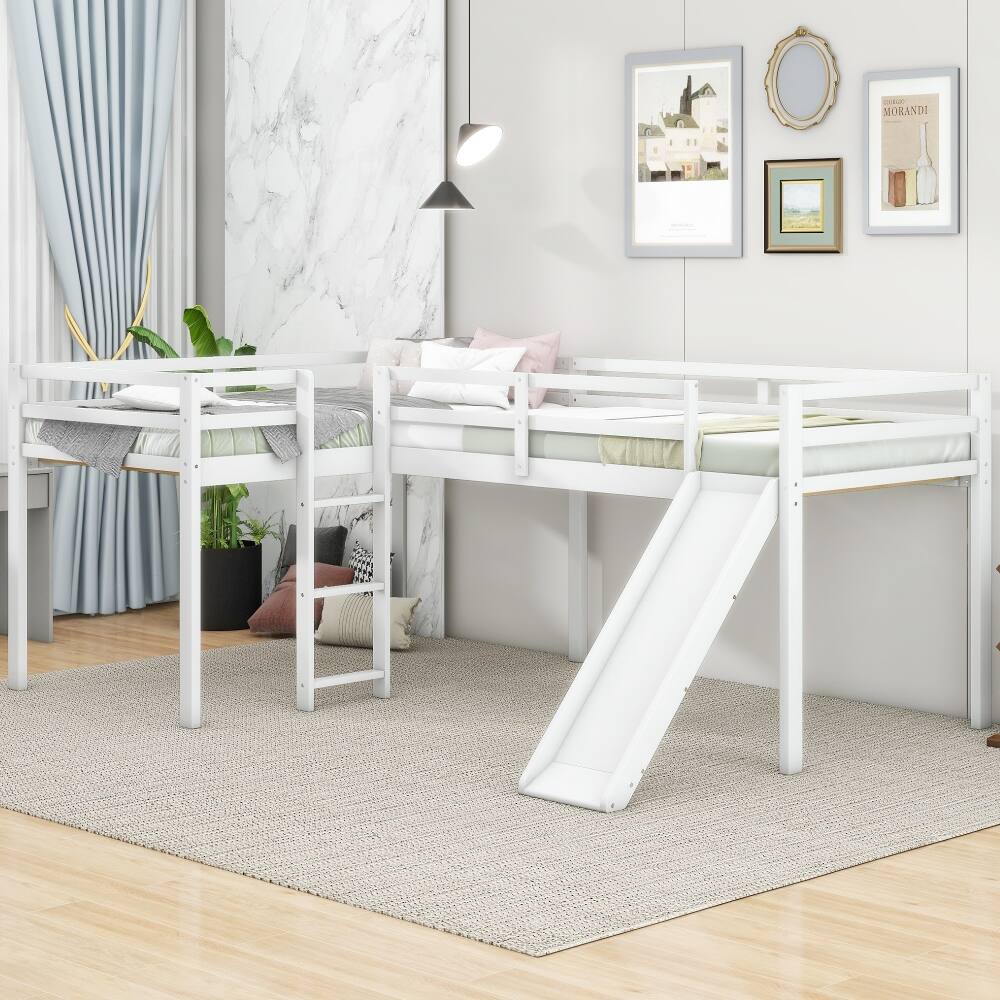 Angle. Loheer - Loheer L-Shaped Twin Loft Bed with Slide and Ladder, White Corner Bed - White.