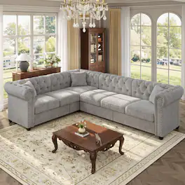Anysun - 107" L-Shaped Chesterfield Tufted Sectional Sofa with Rolled Arms & Nailhead Trim – Chenille Deep Seat Sofa Couch - Light Gray