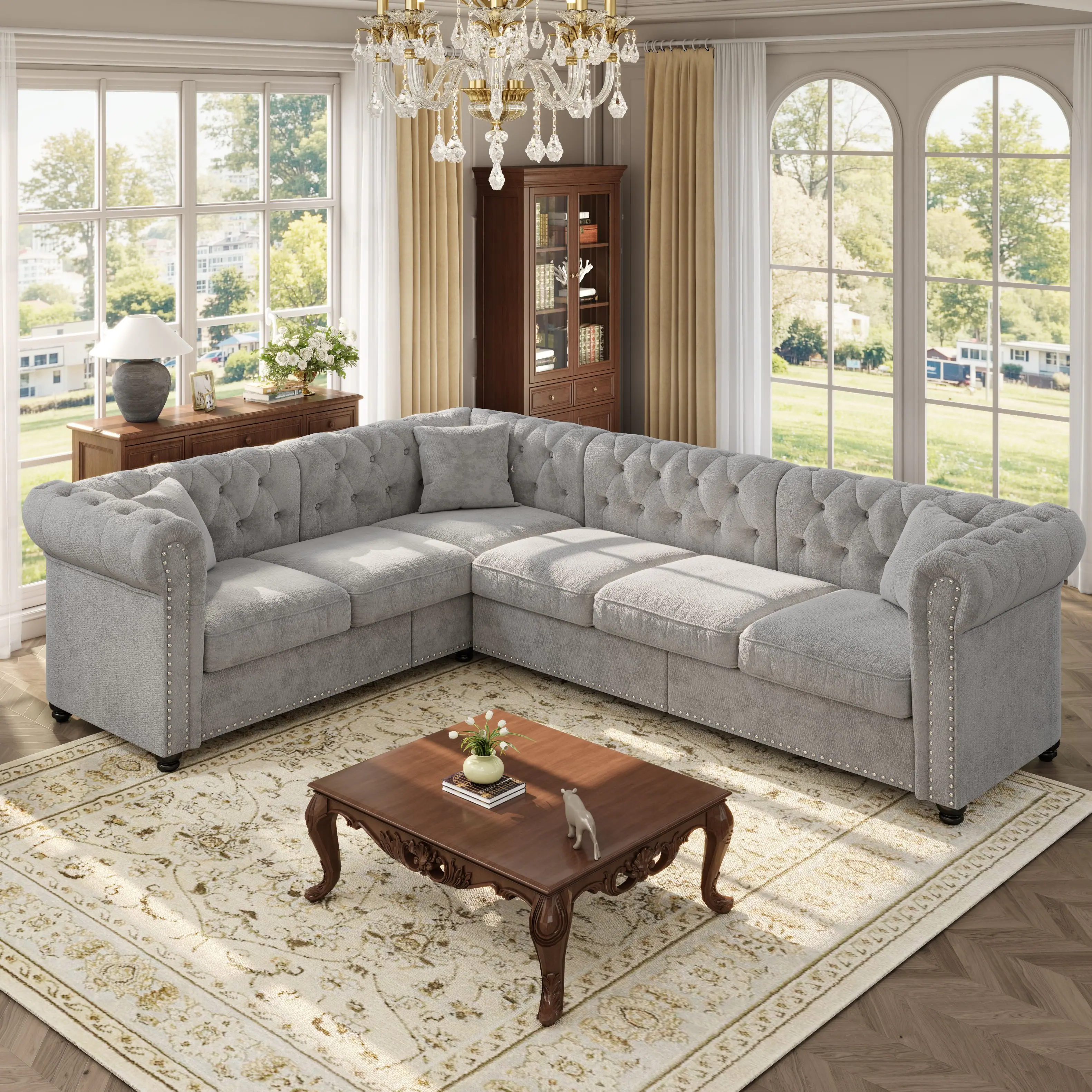 Front. Anysun - 107" L-Shaped Chesterfield Tufted Sectional Sofa with Rolled Arms & Nailhead Trim – Chenille Deep Seat Sofa Couch - Light Grey.