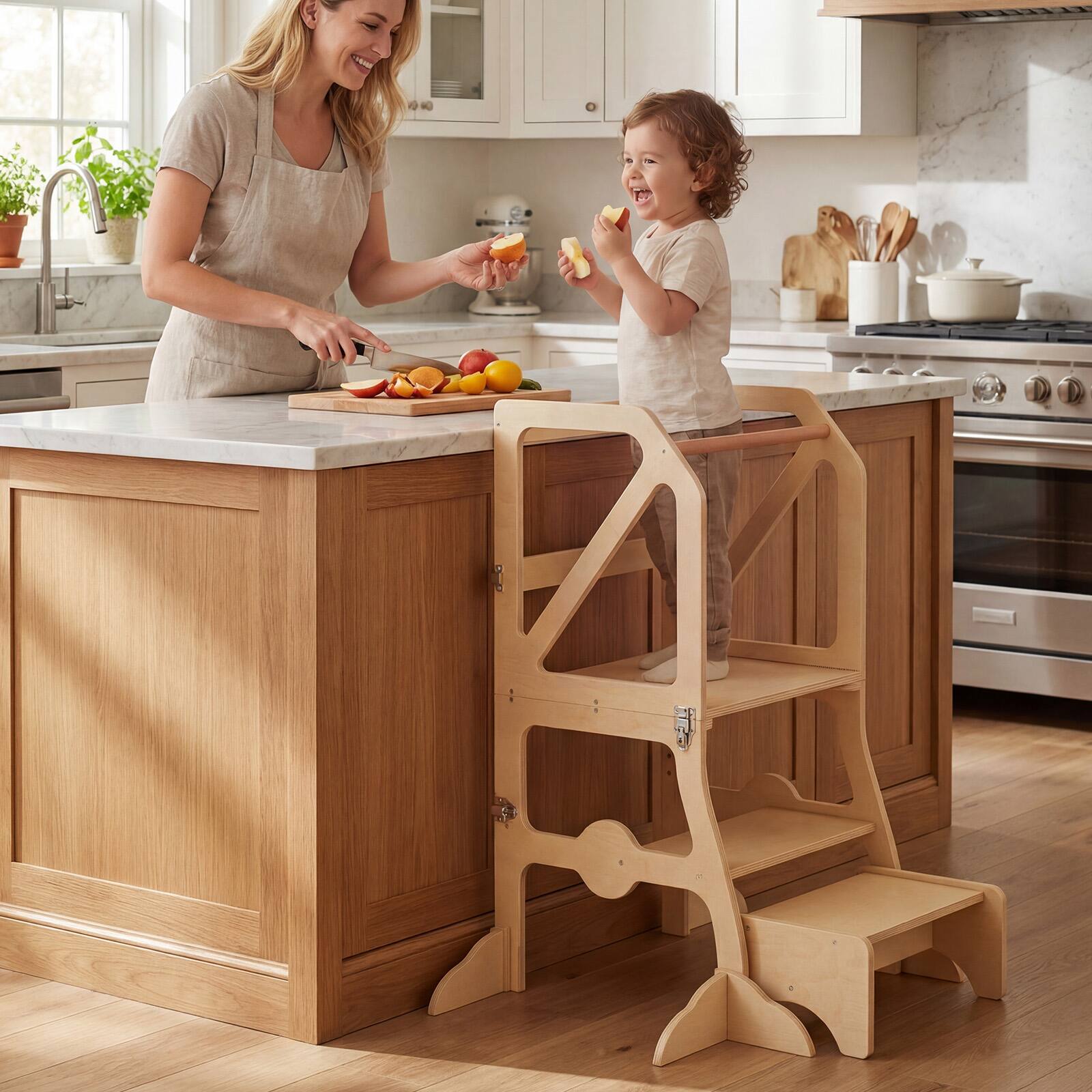 Alt View 3. Gymax - Gymax 2 in 1 Toddler Tower w/Removable Safety Bar for Children 3+ Years Old Natural - Yellow.