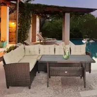 Costway 3PCS Rattan Dining Set Patio Furniture 6 Seats Sofa Cushioned - as pic - Front_Zoom