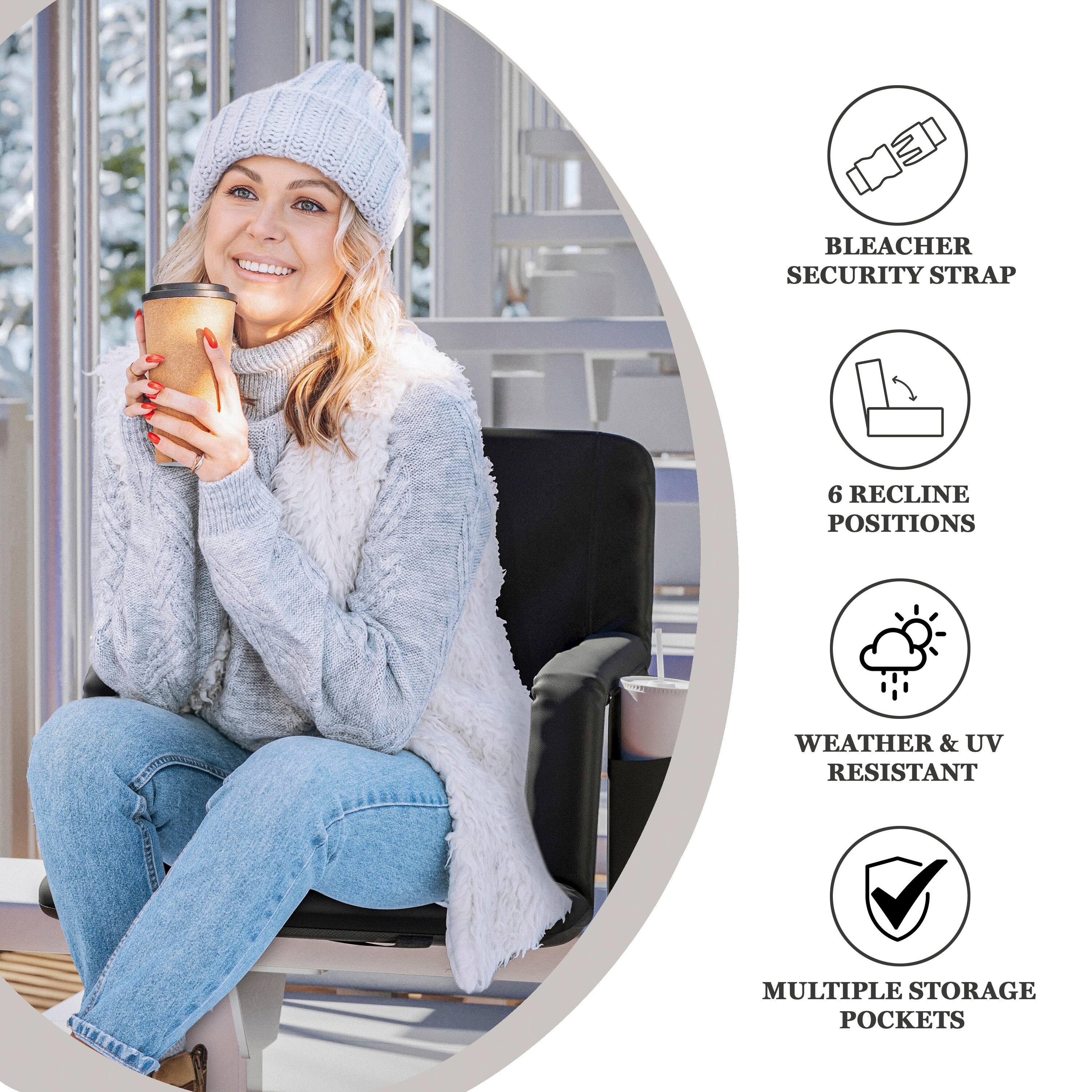 - Bleacher Security Strap
- 6 Recline Positions
- Weather & UV Resistant
- Multiple Storage Pockets