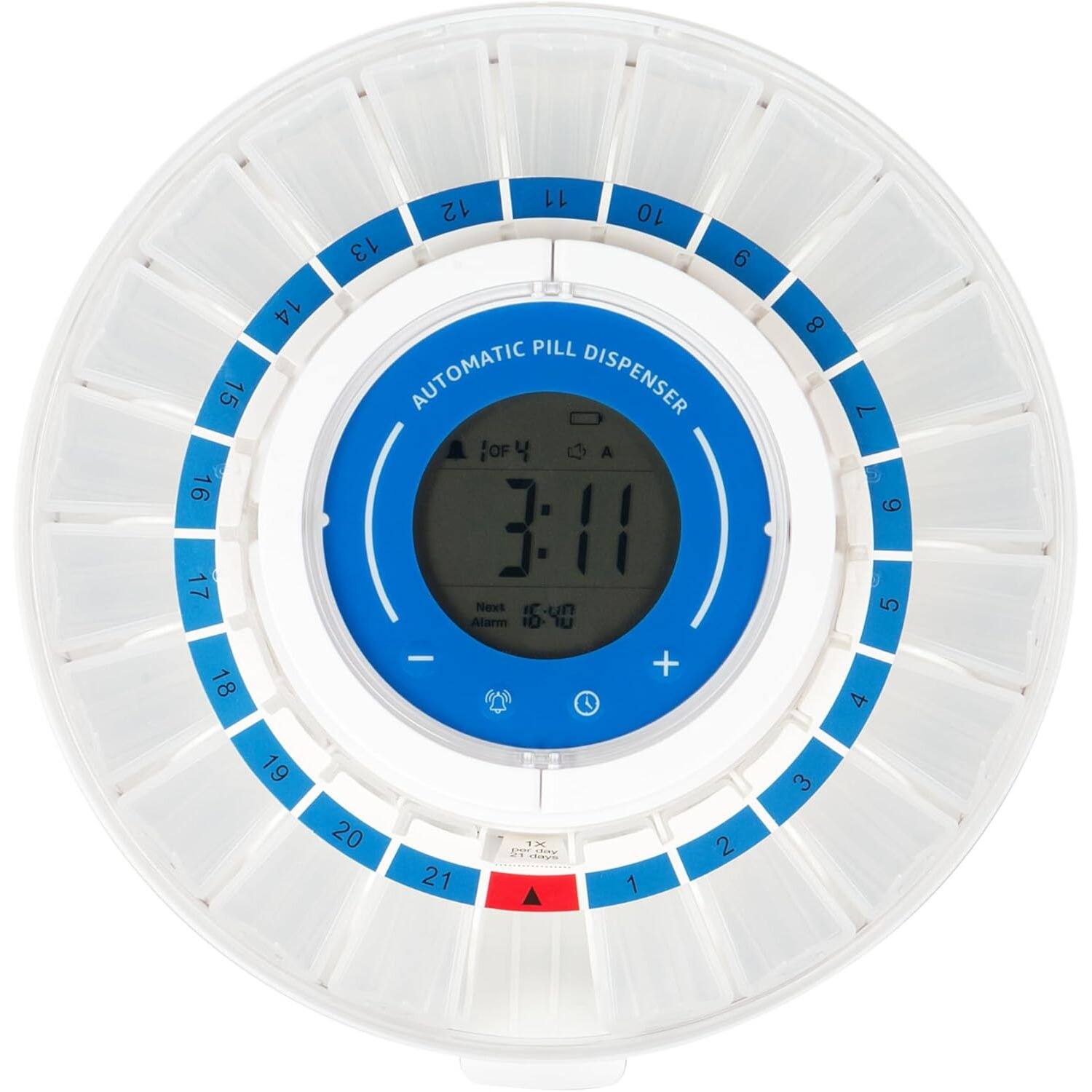 15 16 17 18 14 11 12 10 13 6 PILL AUTOMATIC DISPENSER OF A 3:11 Next IC-Un Alarm 0 - + 8 7  6 5 4 19 20 21 1X C 1 2 3