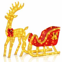 Sweet - 4 FT Pre-Lit Christmas Reindeer & Santa Sleigh Set with 180 LED Lights, Holiday Deer & Sled For Outdoor/Indoor - Gold