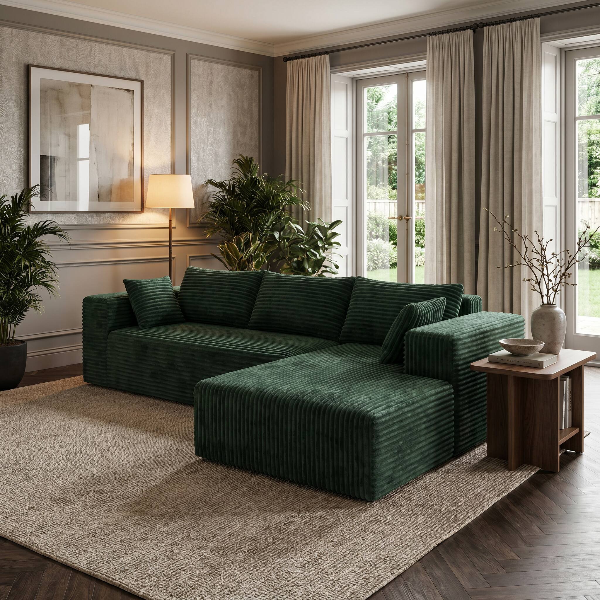 Alt View 4. FUFU & GAGA - Modular Corduroy L-Shaped Sectional Sofa with Chaise, High-Density Rebound Sponge Cushions Tool-Free Assembly - Dark Green.