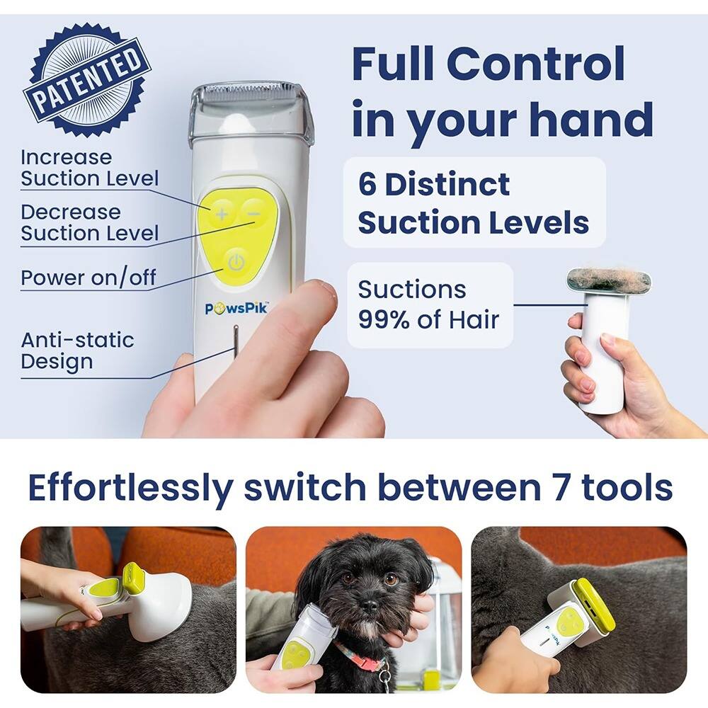 PATENTED  
Increase Suction Level  
Decrease Suction Level  
Power on/off  
Anti-static Design  

Full Control in your hand  
6 Distinct Suction Levels  
Suctions 99% of Hair  

Effortlessly switch between 7 tools