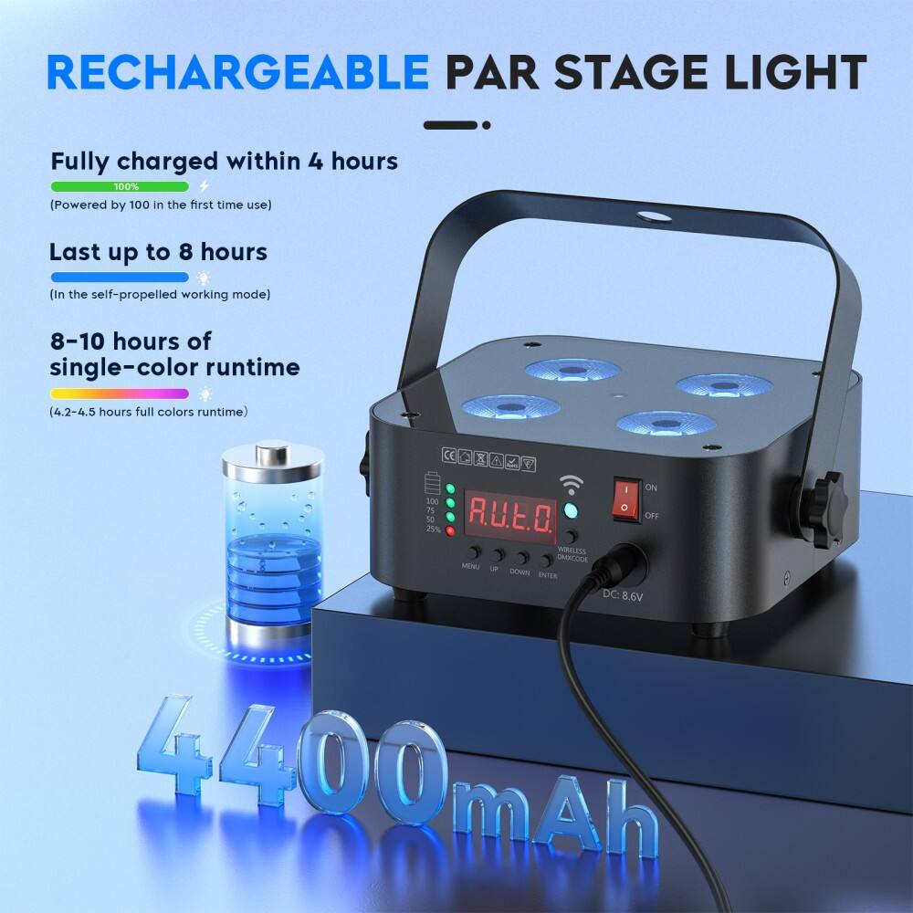 RECHARGEABLE PAR STAGE LIGHT

Fully charged within 4 hours  
(Powered by 100% in the first time use)

Last up to 8 hours  
(In the self-propelled working mode)

8–10 hours of single-color runtime  
(4.2–4.5 hours full colors runtime)

4400 mAh
