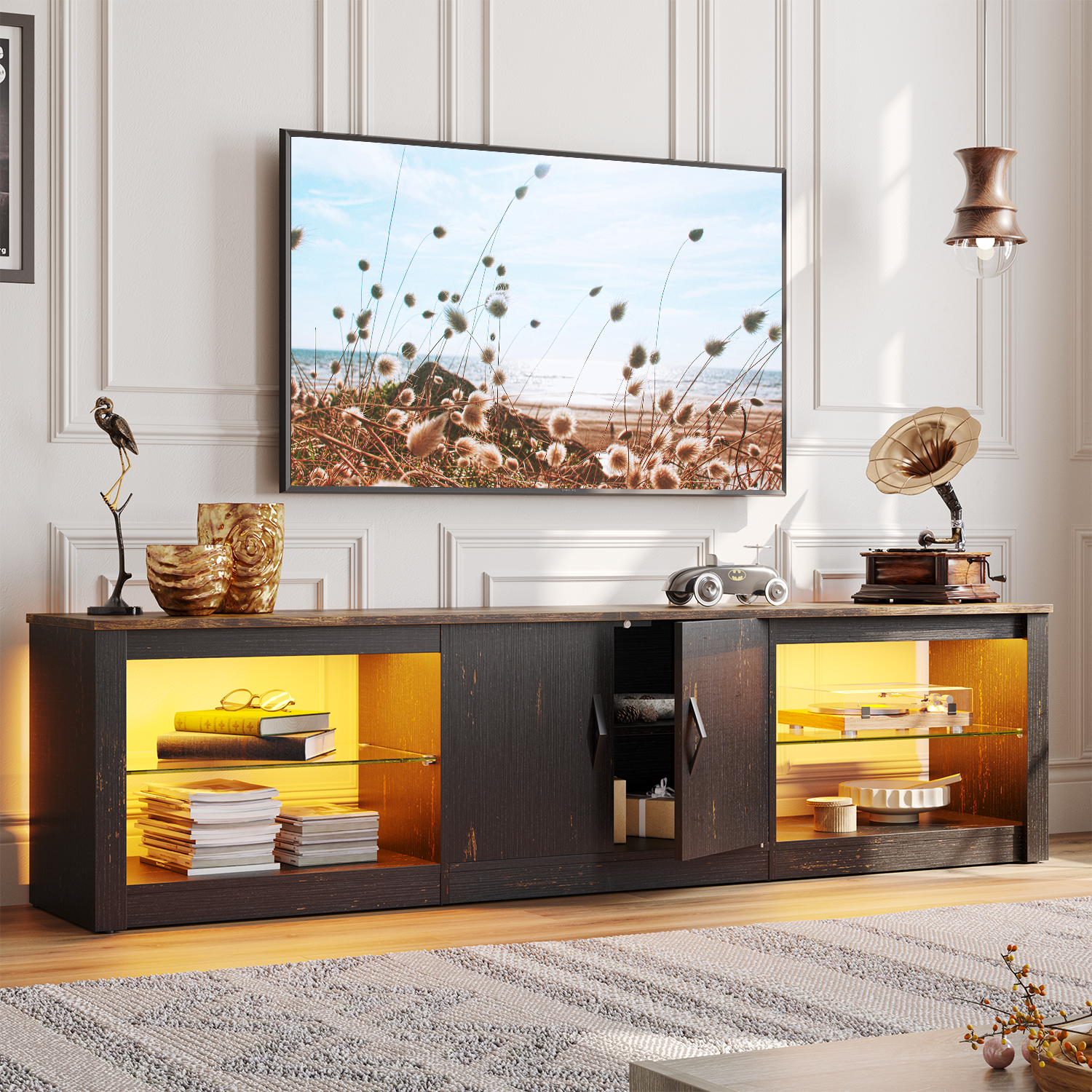 Angle. Bestier - Bestier LED Entertainment Center for Living Rooms Fits TVs up to 75 Inches - golden black.