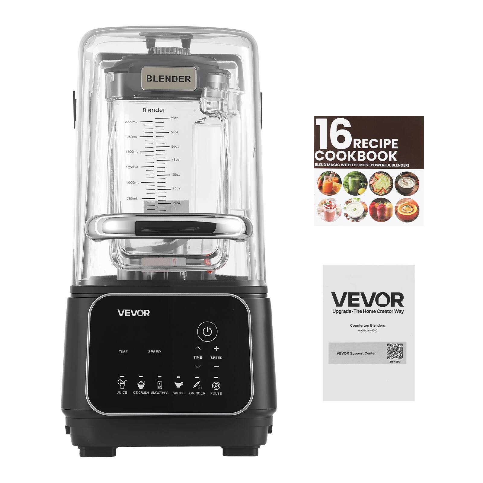 BLENDER

Blender 75mg 2000mL 64oz 1750ml 56oz 1500ml 48oz 1250ml

16 RECIPE COOKBOOK BLEND MAGIC WITH THE MOST POWERFUL BLENDER!

#Doz
1000ml
32oz
750ml
2402

VEVOR
VEVOR Upgrade-The Home Creator Way
Countertop Blenders MODEL HS-1000C

TIME
SPEED
TIME
+ SPEED

VEVOR Support Center

JUICE ICE CRUSH SMOOTHIES SAUCE GRINDER PULSE