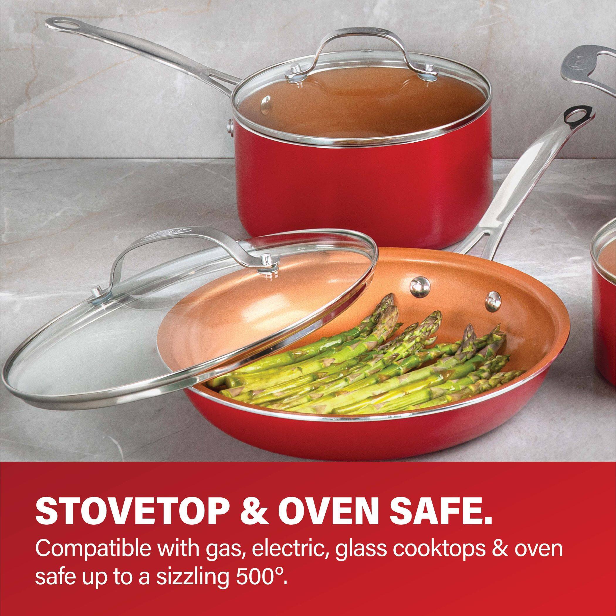 STOVETOP & OVEN SAFE.  
Compatible with gas, electric, glass cooktops & oven safe up to a sizzling 500°.