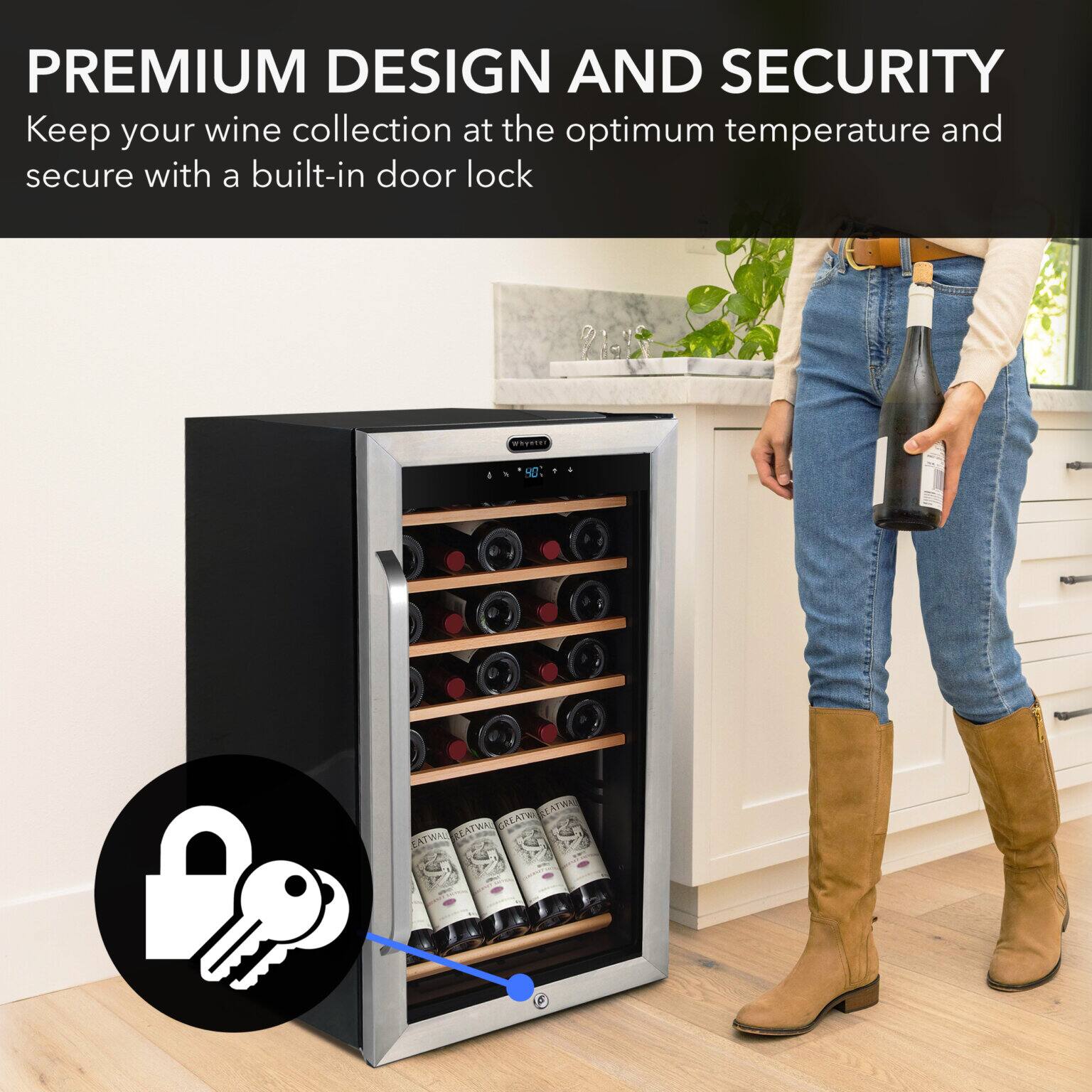 PREMIUM DESIGN AND SECURITY  
Keep your wine collection at the optimum temperature and secure with a built-in door lock