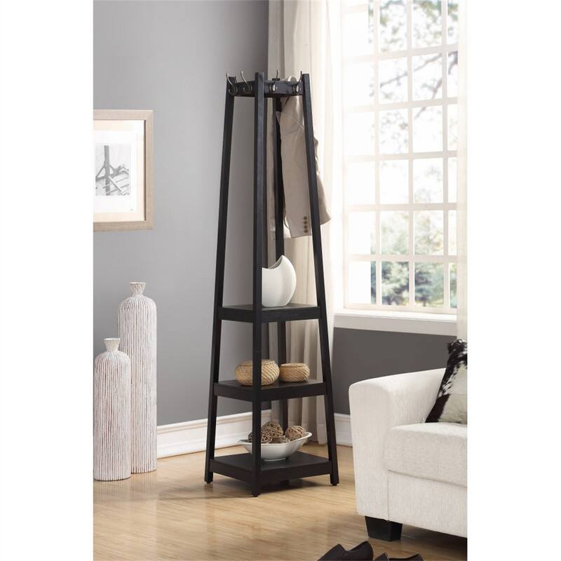 Angle. ALEXOUN - Coat Rack with 3-Tier Storage Shelves - Wood, Big Hooks for Coats, Scarves, Jackets, Extra Storage for Home - Black.