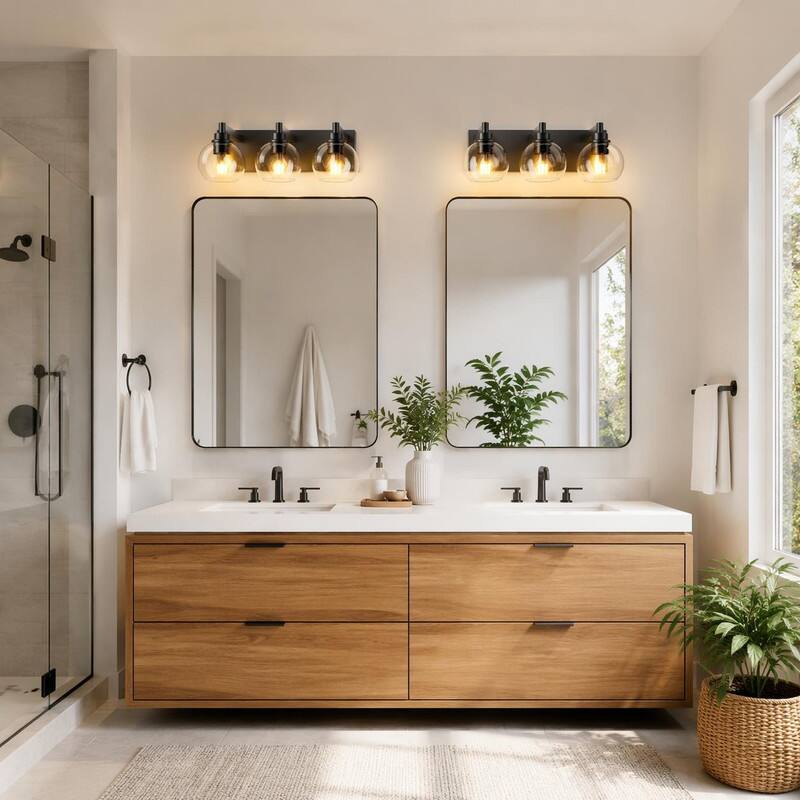 Back. RYHNUYNE - Matte Black 3-Light Bathroom Vanity Light with Clear Glass Shades, Damp-Rated Wall Sconce for Mirror.