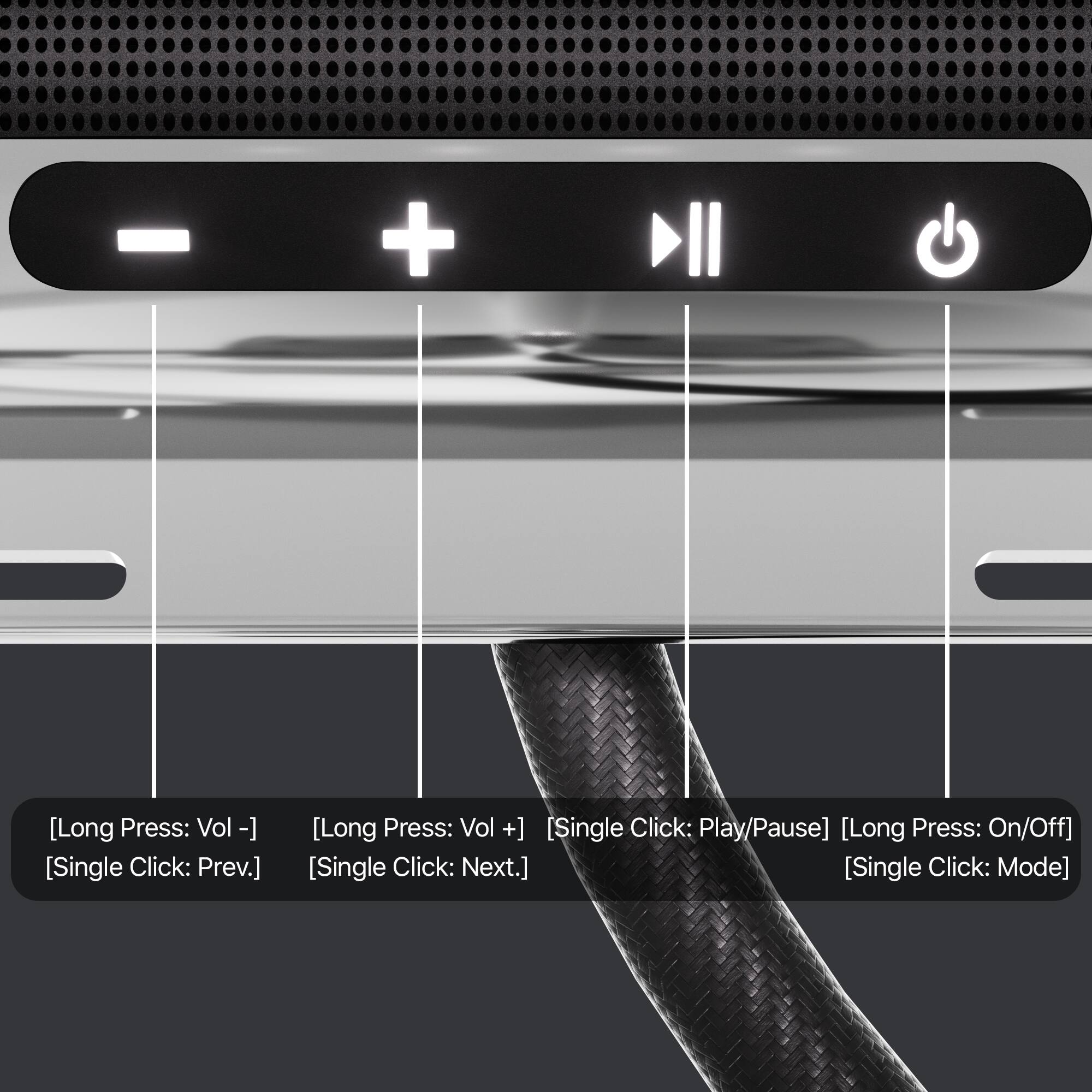 - [Long Press: Vol -] [Single Click: Prev.]
- [Long Press: Vol +] [Single Click: Next.]
- [Single Click: Play/Pause] [Long Press: On/Off]
- [Single Click: Mode]