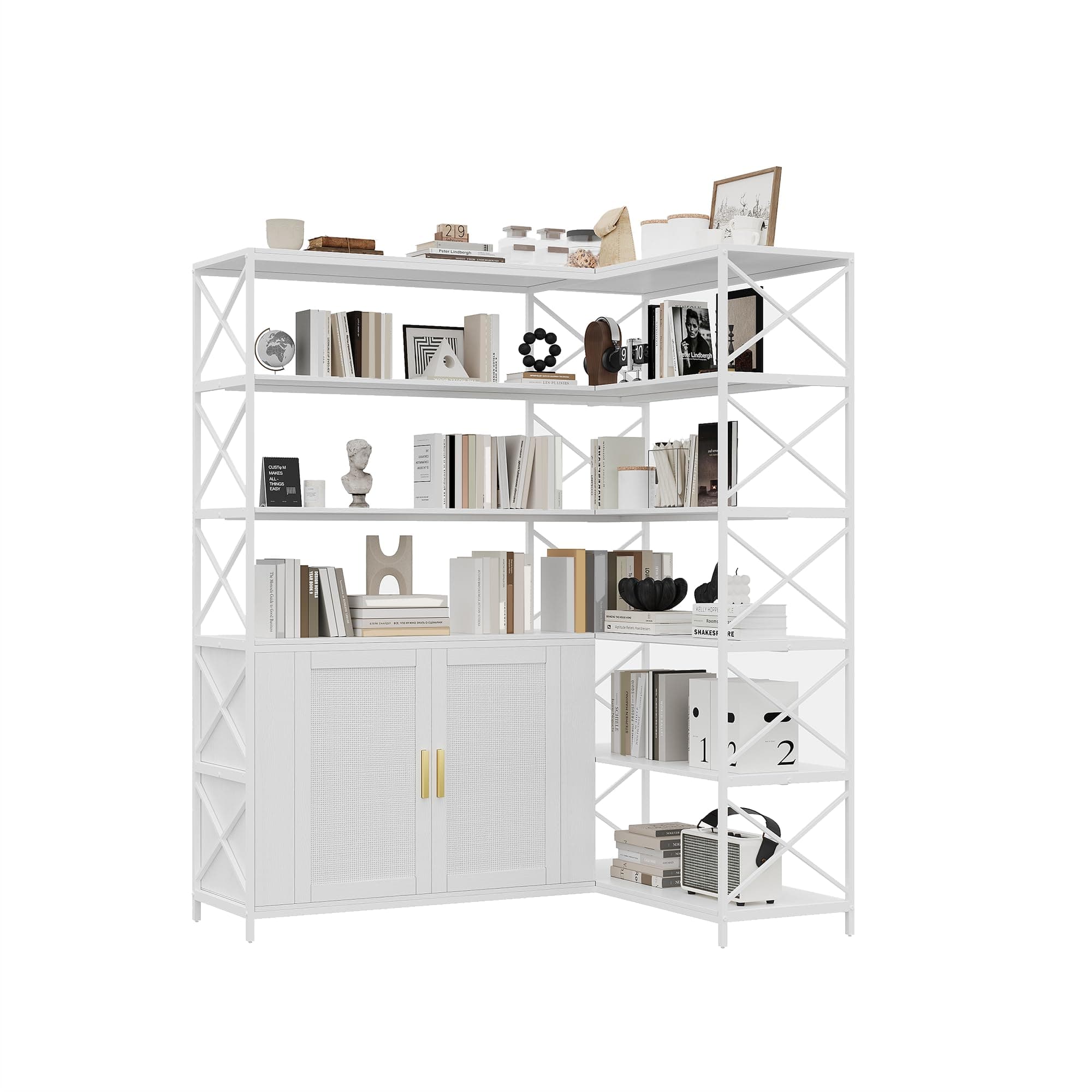 Babevy - Corner Bookshelf, 6-Tier L-Shaped Industrial Bookcase with Cabinet, Vintage Farmhouse Storage Display Shelf - White