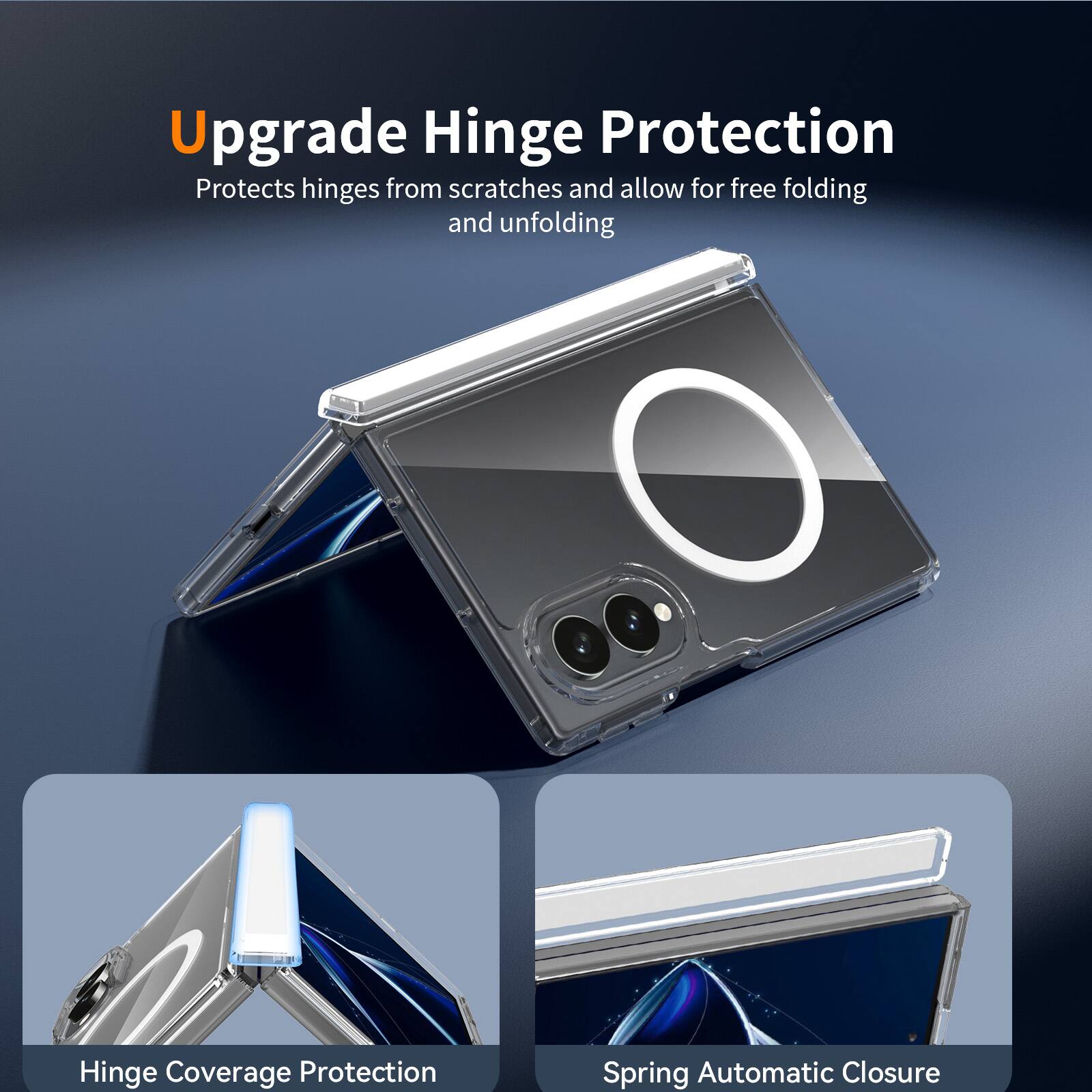 Upgrade Hinge Protection  
Protects hinges from scratches and allows for free folding and unfolding  

Hinge Coverage Protection  
Spring Automatic Closure