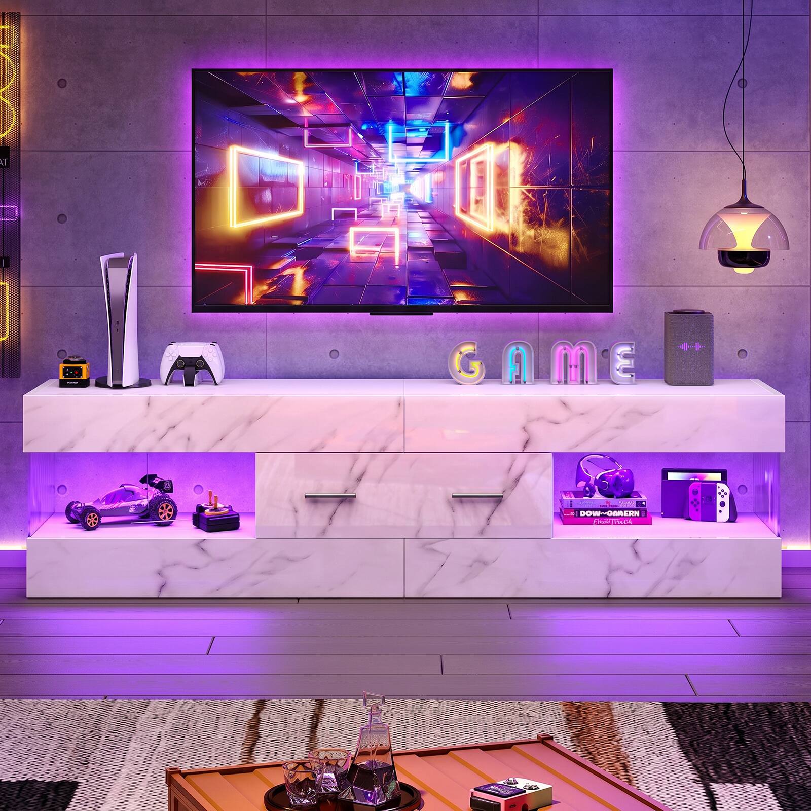 Bestier 60 Inch Gaming TV Stand for TVs up to 65 Inch Glossy Media ...