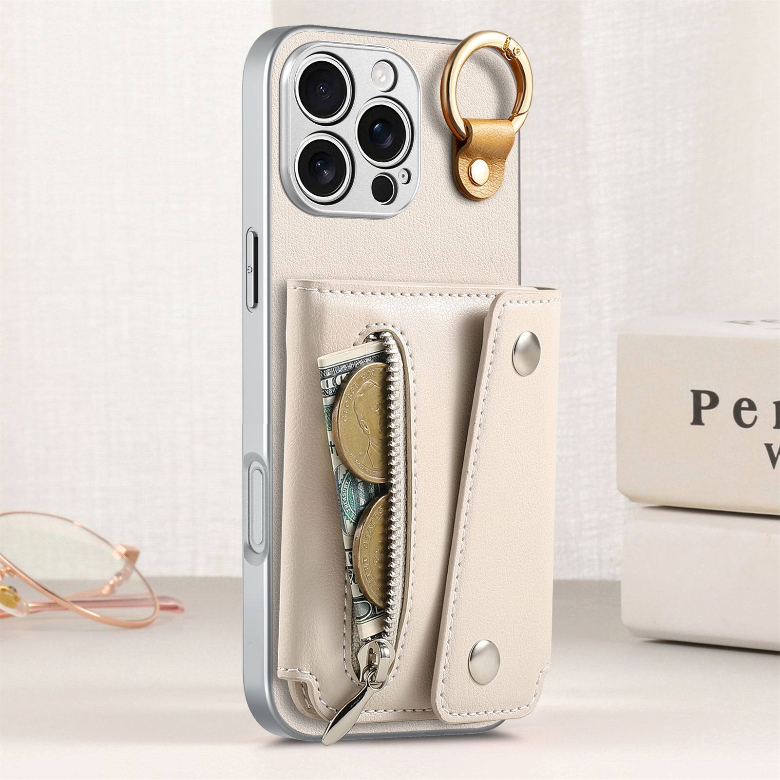 Back. Dteck - Zipper Wallet Card Purse Case For iPhone 16 Pro Max, Shockproof PU Leather PC+TPU Cash Credit Card Holder Cover - Beige.
