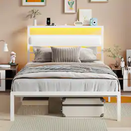 Furnulem - Bed Frame with Storage Headboard LED Light Built-in Charging Station USB Ports Underbed Storage No Box Spring Needed - White