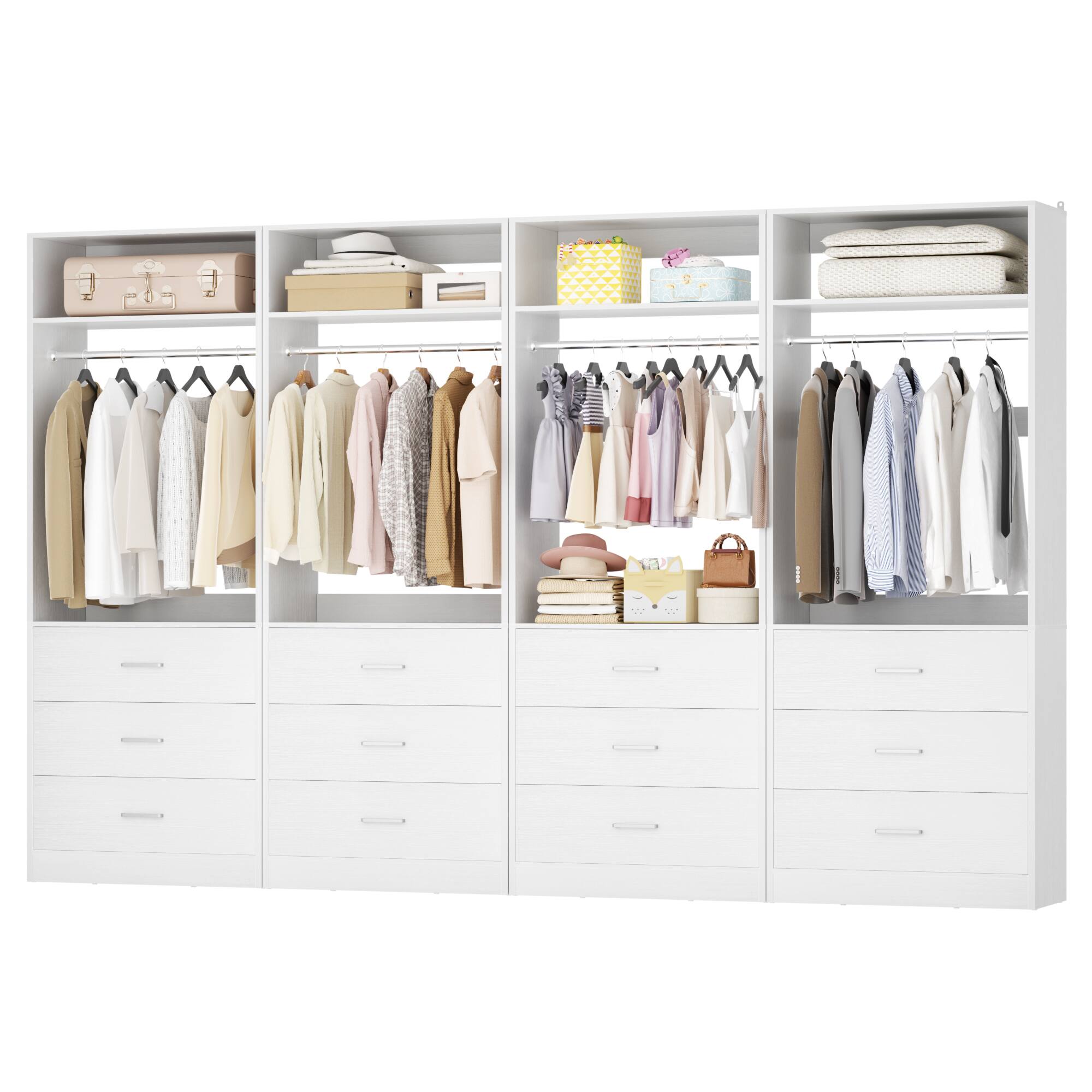 Back. Aheaplus - Set of 4 Heavy Duty 96" Walk-In Closet with 12 Wood Drawers, 4 Rods & 4 Shelves - White.
