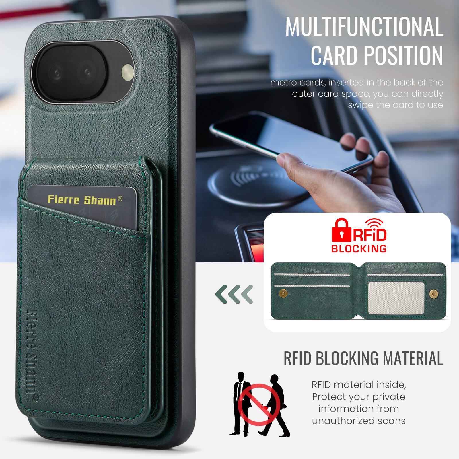 MULTIFUNCTIONAL CARD POSITION  
metro cards, inserted in the back of the outer card space, you can directly swipe the card to use  

RFID BLOCKING  
RFID BLOCKING MATERIAL  
RFID material inside, Protect your private information from unauthorized scans