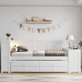 Anysun - Full Size Space‑Saving Multifunctional Bed with Trundle, Charging Station & LED Light, Solid Pine Wood Construction - White