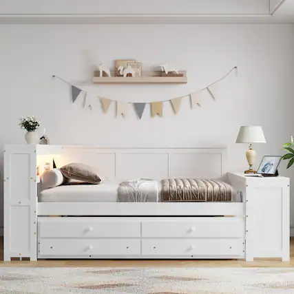 Front. Anysun - Full Size Space‑Saving Multifunctional Bed with Trundle, Charging Station & LED Light, Solid Pine Wood Construction - White.