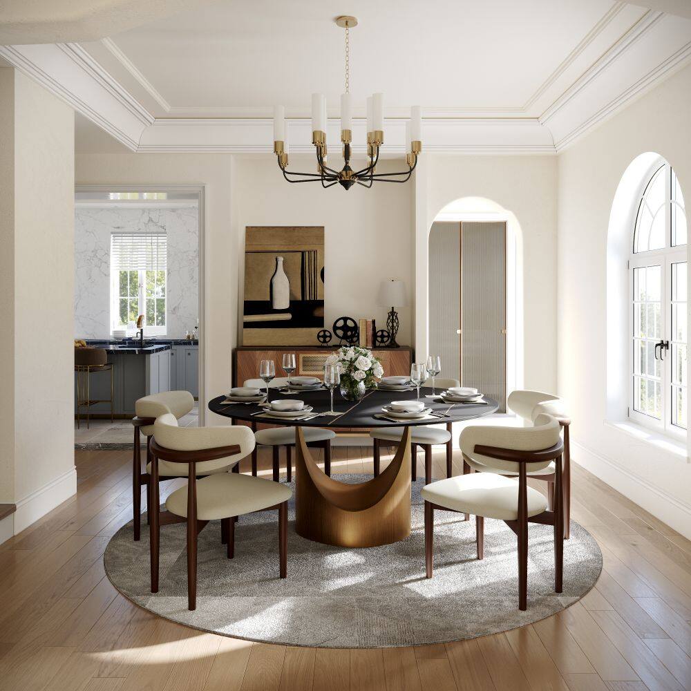 Angle. POVISON - 59" Modern Round Dining Table for 6, Black Matte Sintered Stone Table with Bronze U-shaped  Steel Base - Black Matte Sintered Stone with Bronze Steel Base.