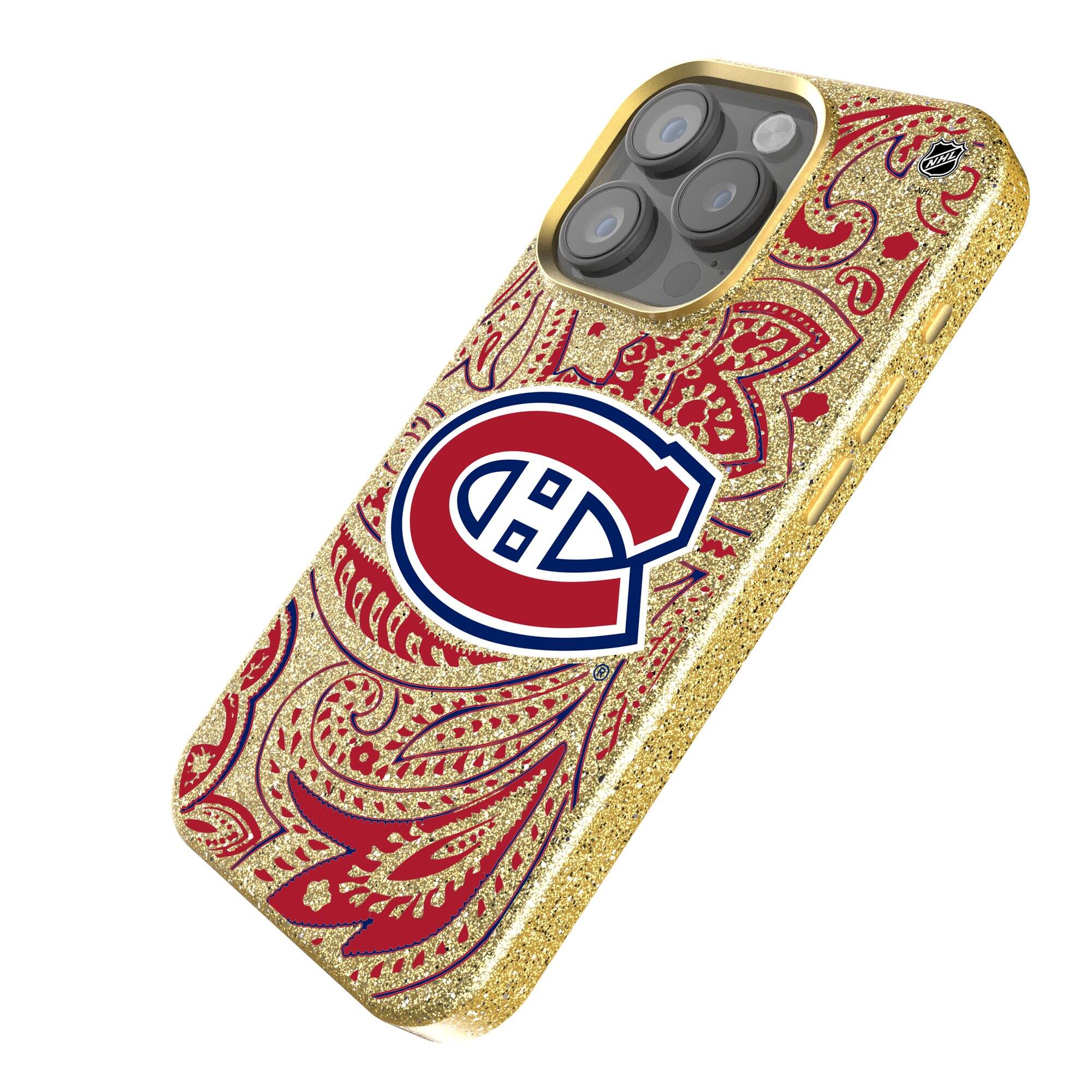 Alt View 1. Keyscaper - Gold Montreal Canadiens Paisley Bling iPhone Case - 15 Pro - Gold.