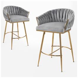 HTUTWOO - Velvet Bar Stools Set of 2, 26'' Modern Counter Height Chairs with Adjustable Non-Slip Glides and Wave Back for Kitchen - Gray