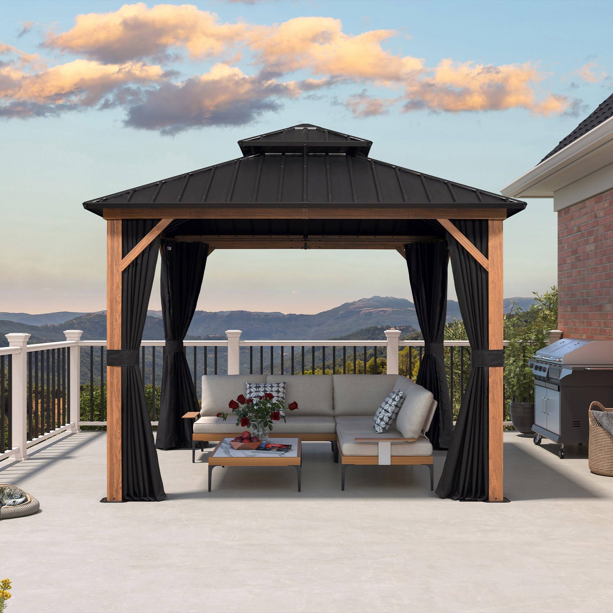 Angle. PURPLE LEAF - 10' X 10' Outdoor Aluminum Wood Grain Hardtop Gazebo with Galvanized Steel Double Roof with Netting and Curtains - 10' X 10'.
