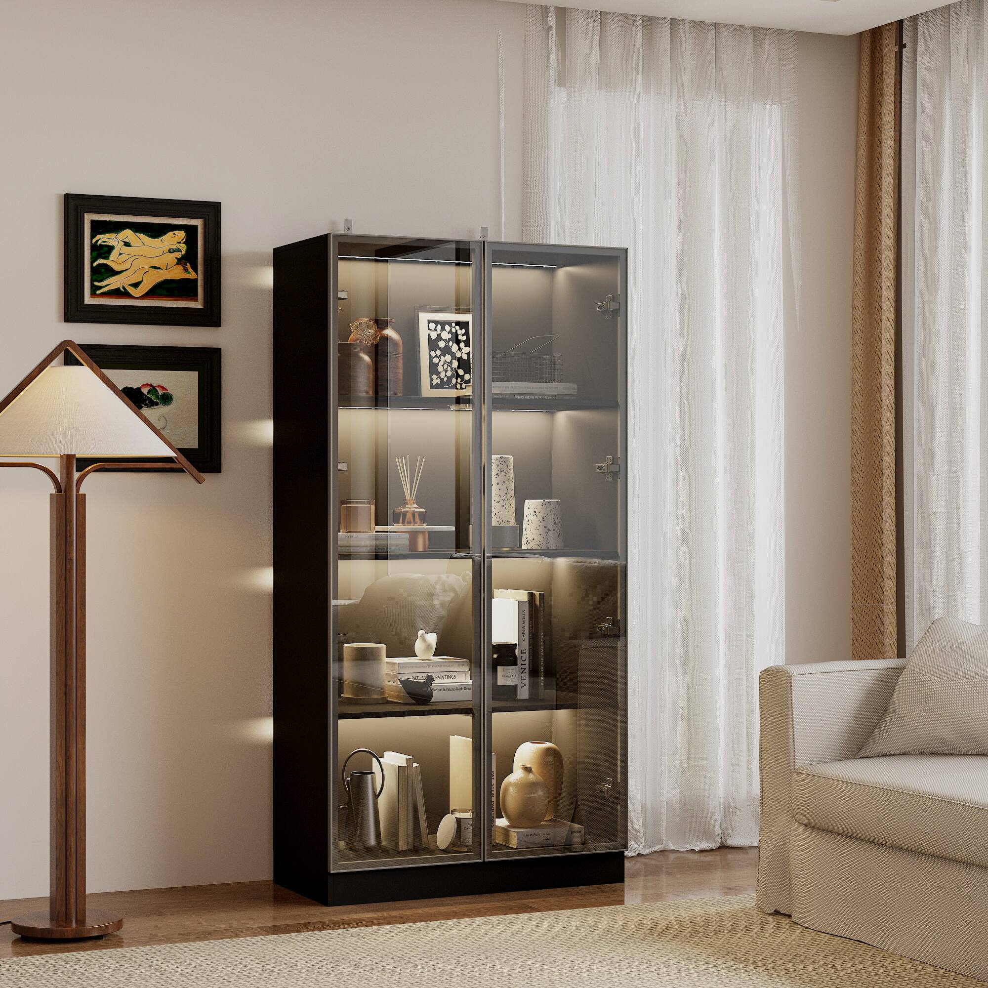 Angle. Famapy - Famapy Glass - Door Display Cabinet with LED Lighting & Aluminum Frame - Multi - Shelf Storage for Living Room - Black.